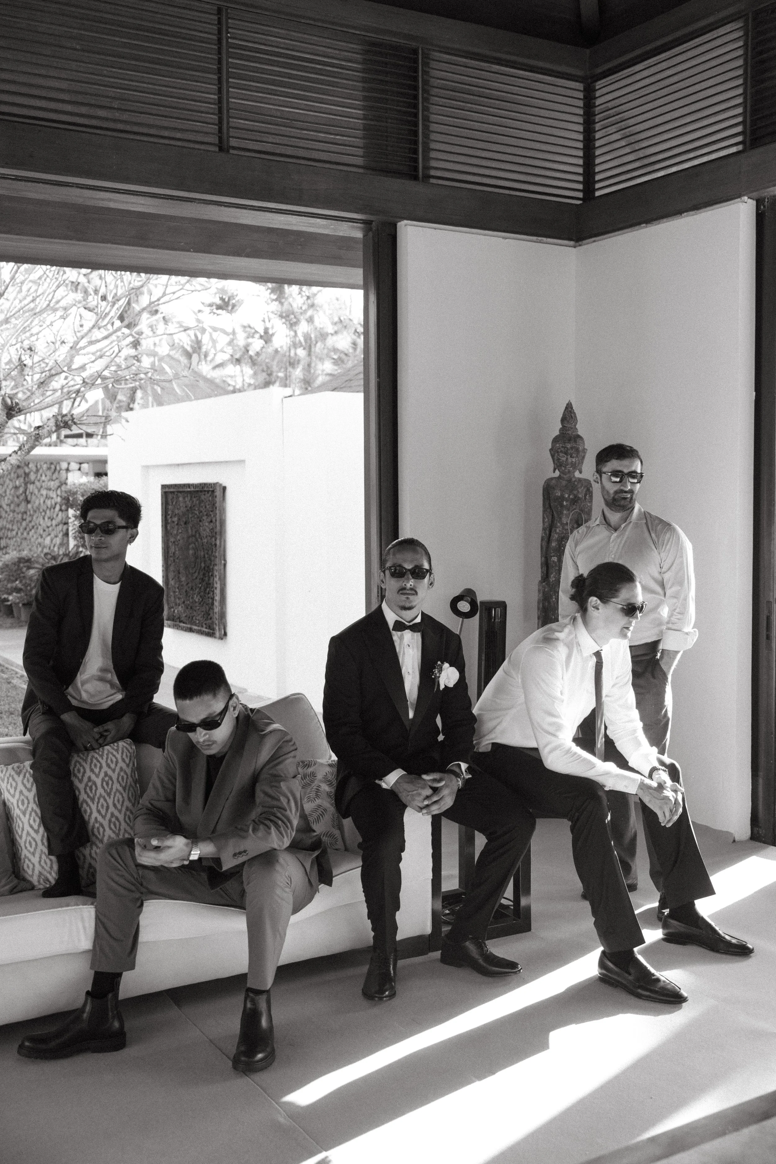 editorial portrait of groom's wedding party 