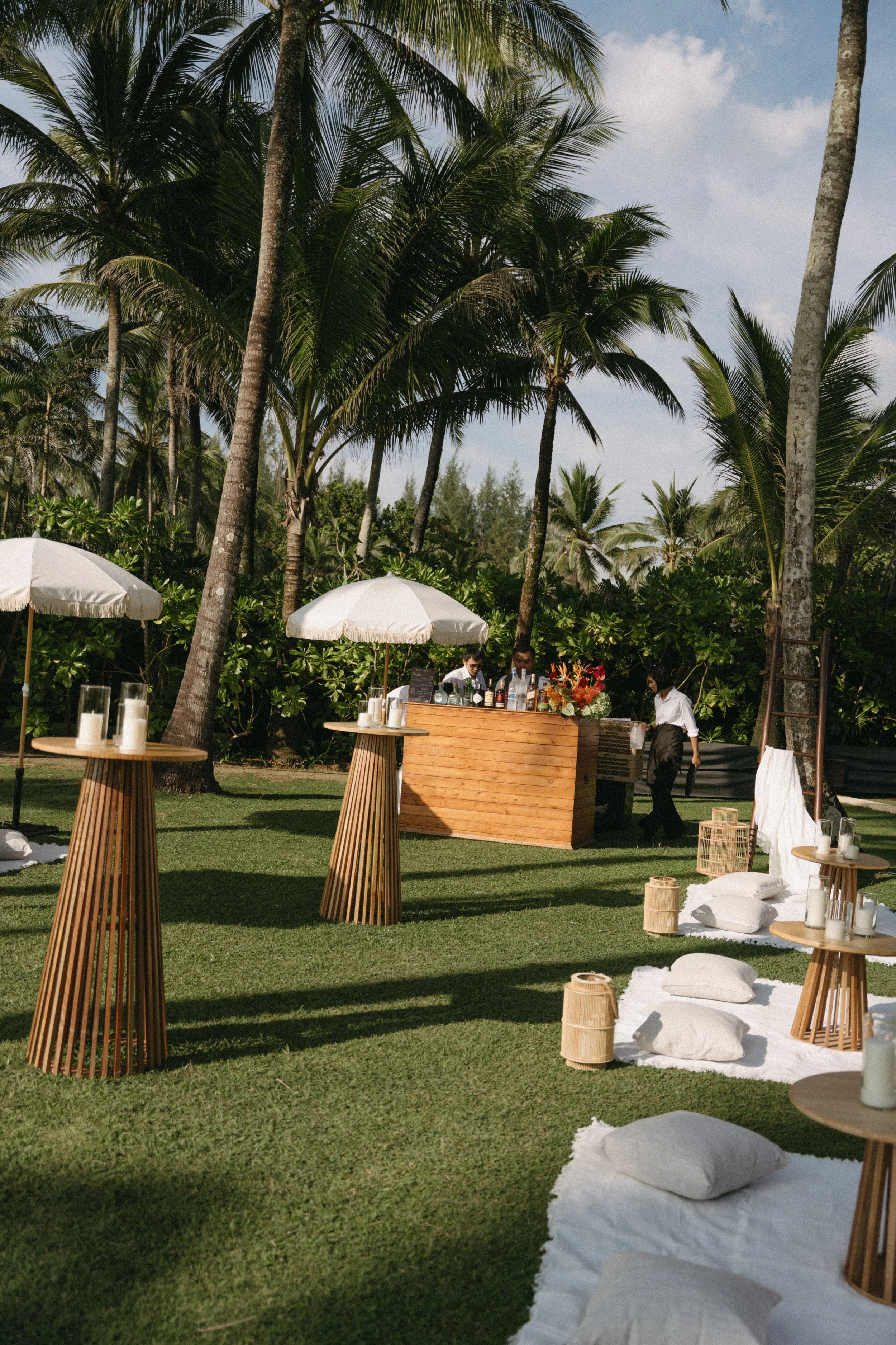 welcome drinks and stylish decorations set up for guest arrival before western ceremony at jivana beach villas