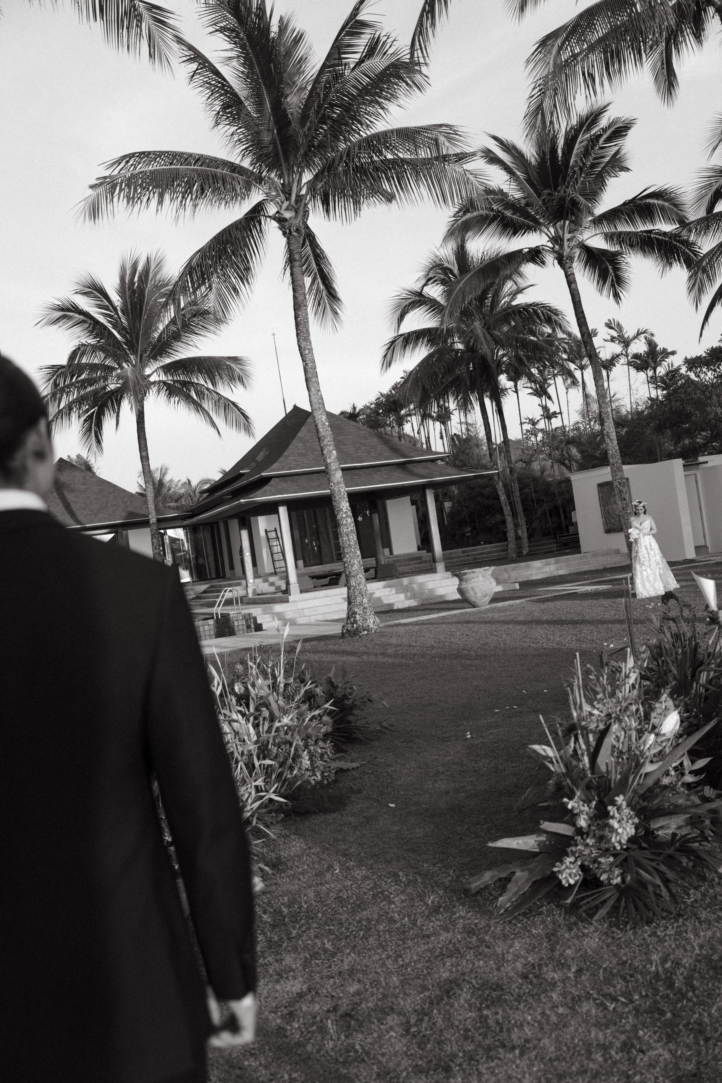 portrait of bride arriving from the groom's perspective 