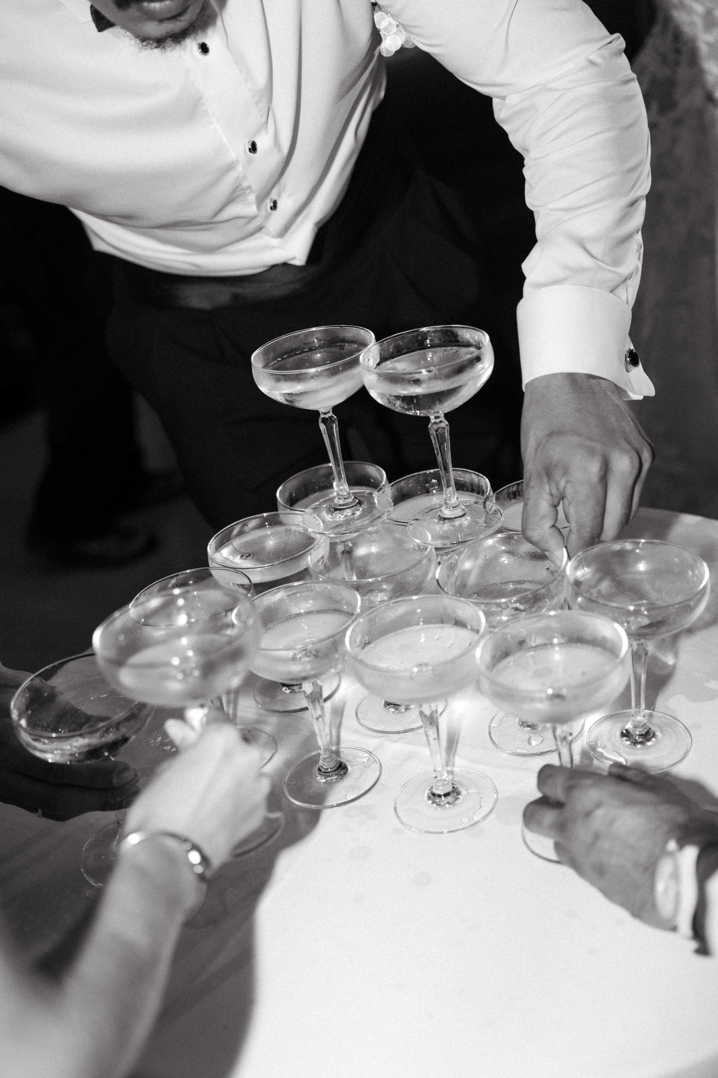 champagne tower set up for wedding afterparty at jivana beach villas
