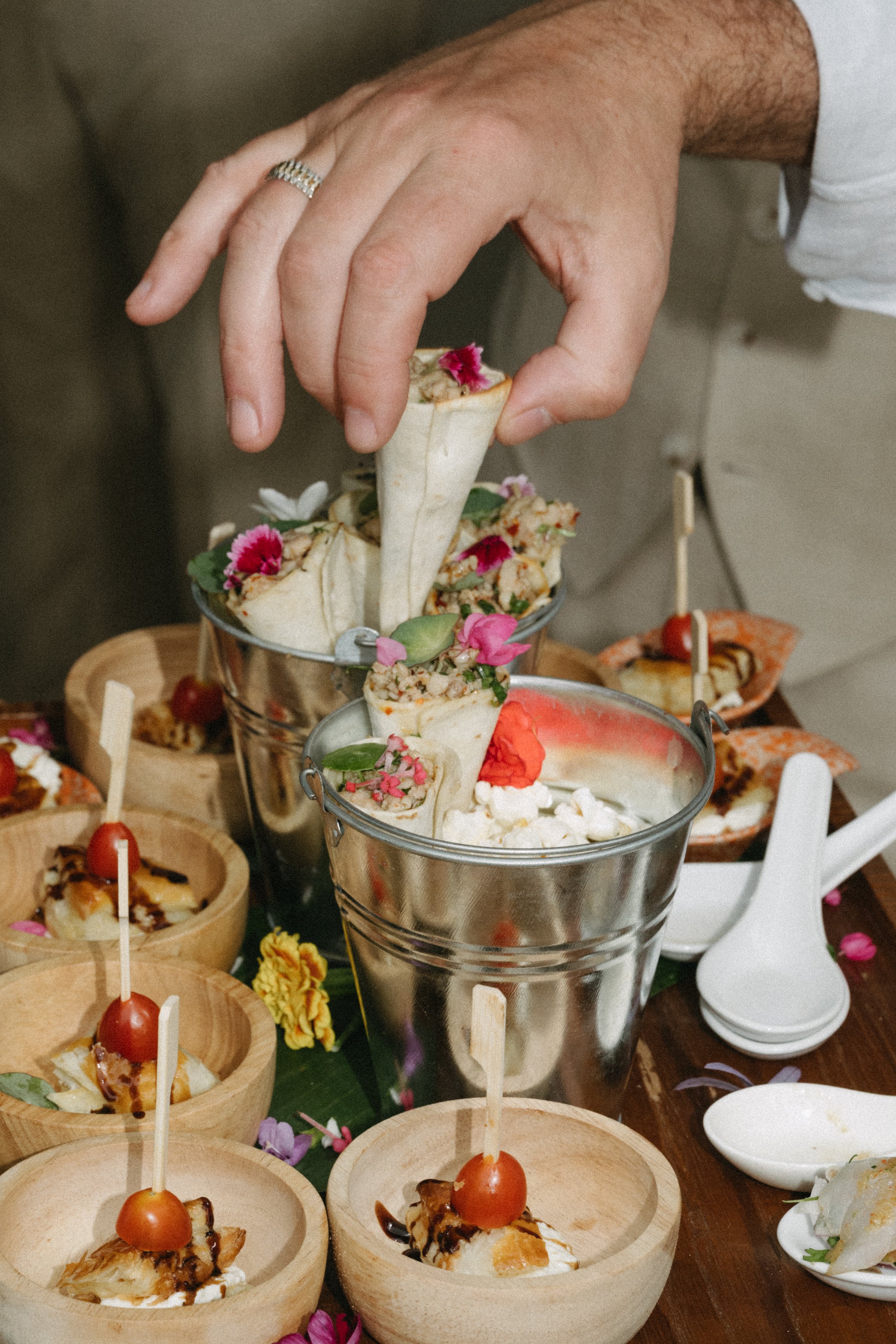 close up of canapes being served during cocktail hour after wedding ceremony at odyssey mansion