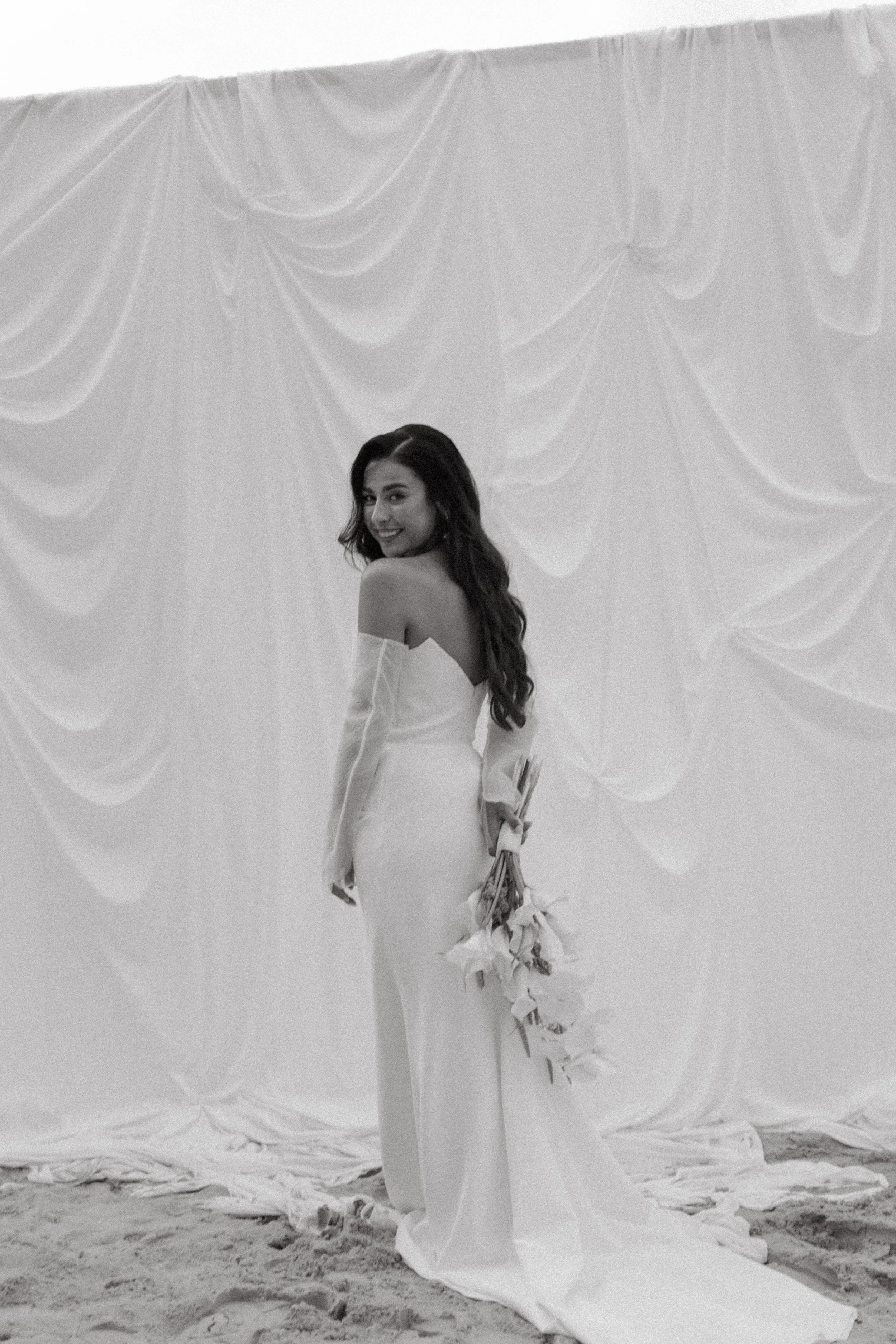 elegant black and white portrait of bride after bangrak beach wedding ceremony