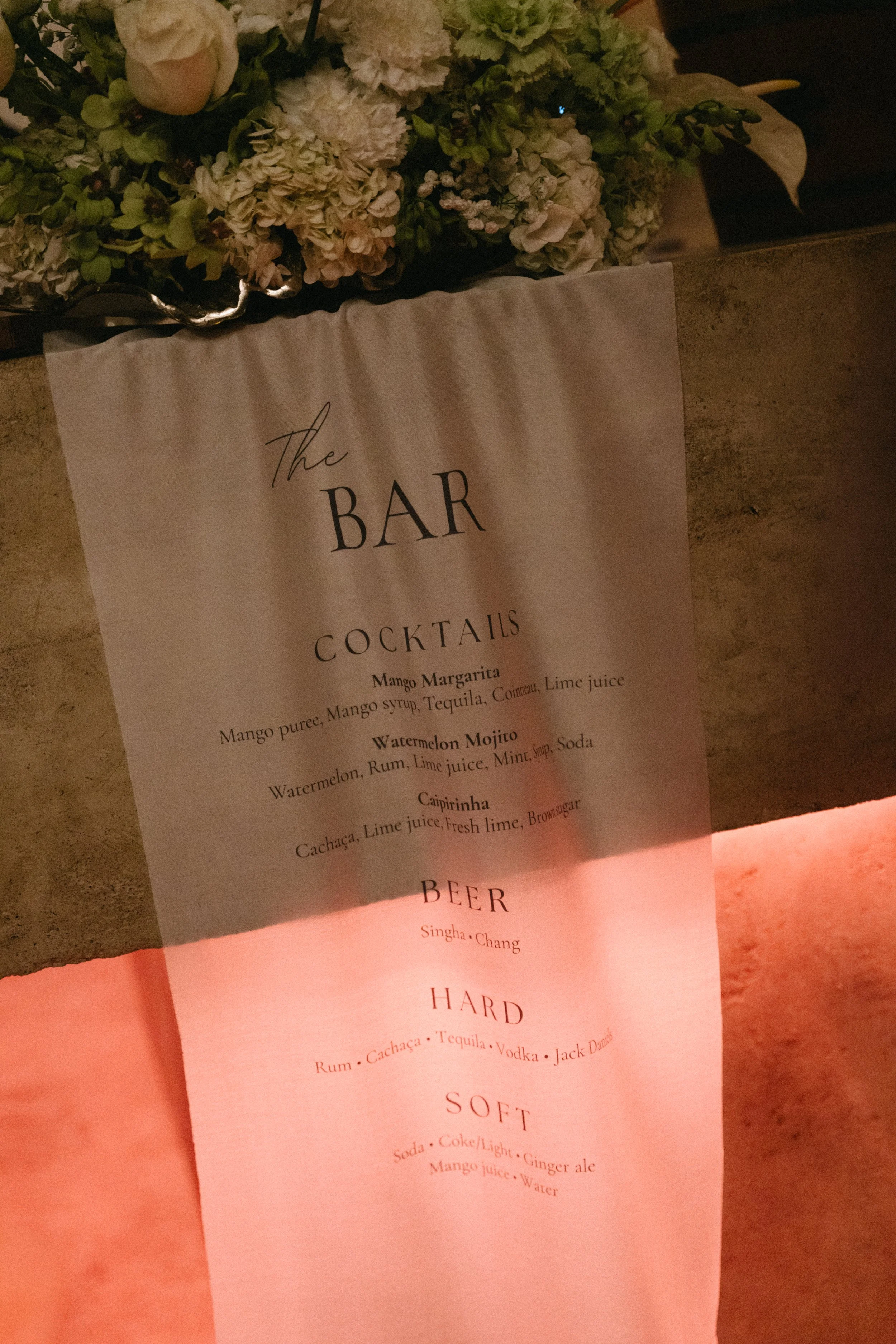 Personalised wedding bar menu sign with cocktail list at a destination wedding reception at Odyssey Mansion, Koh Samui