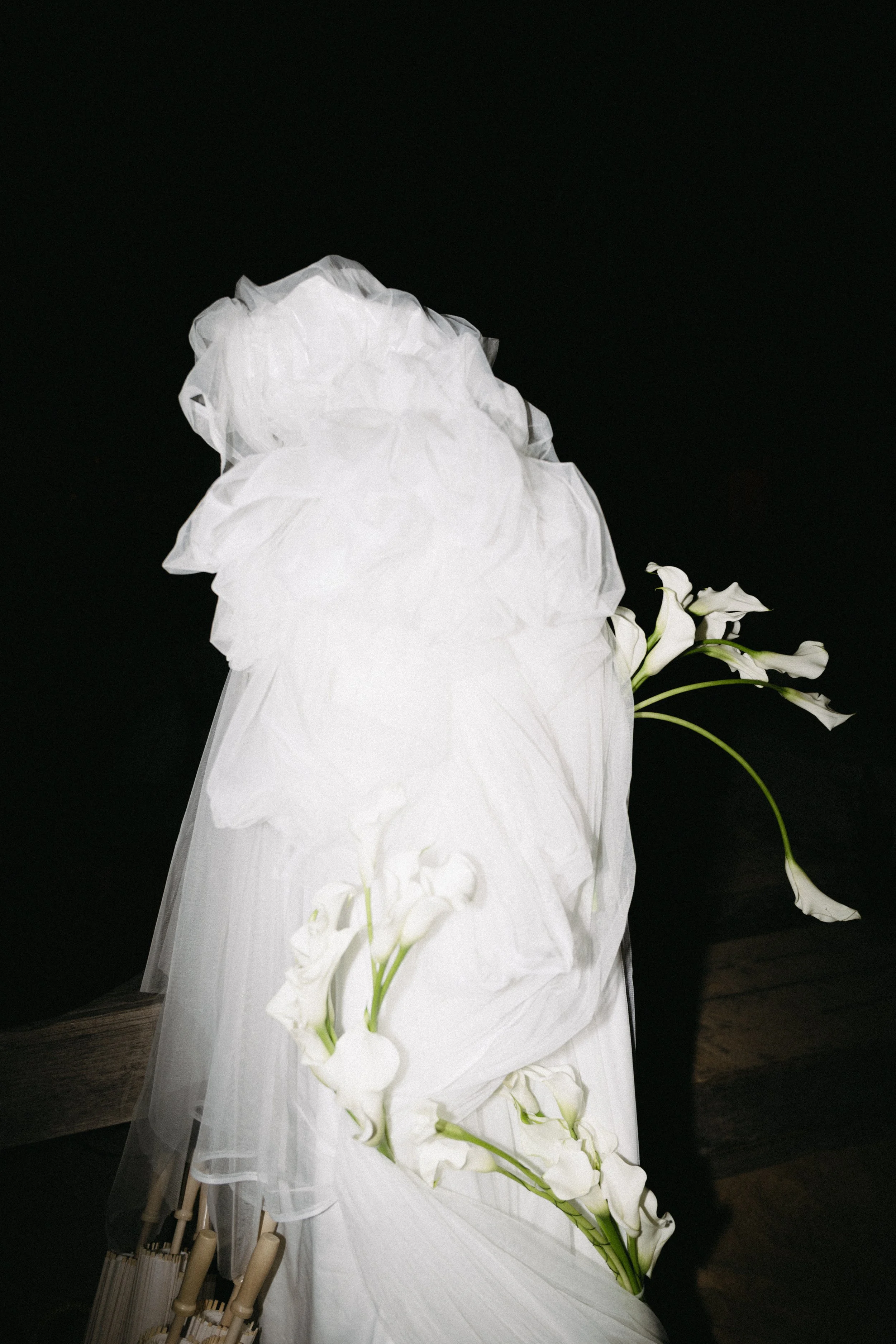 Close-up of white calla lily reception styling a beach wedding in Koh Samui