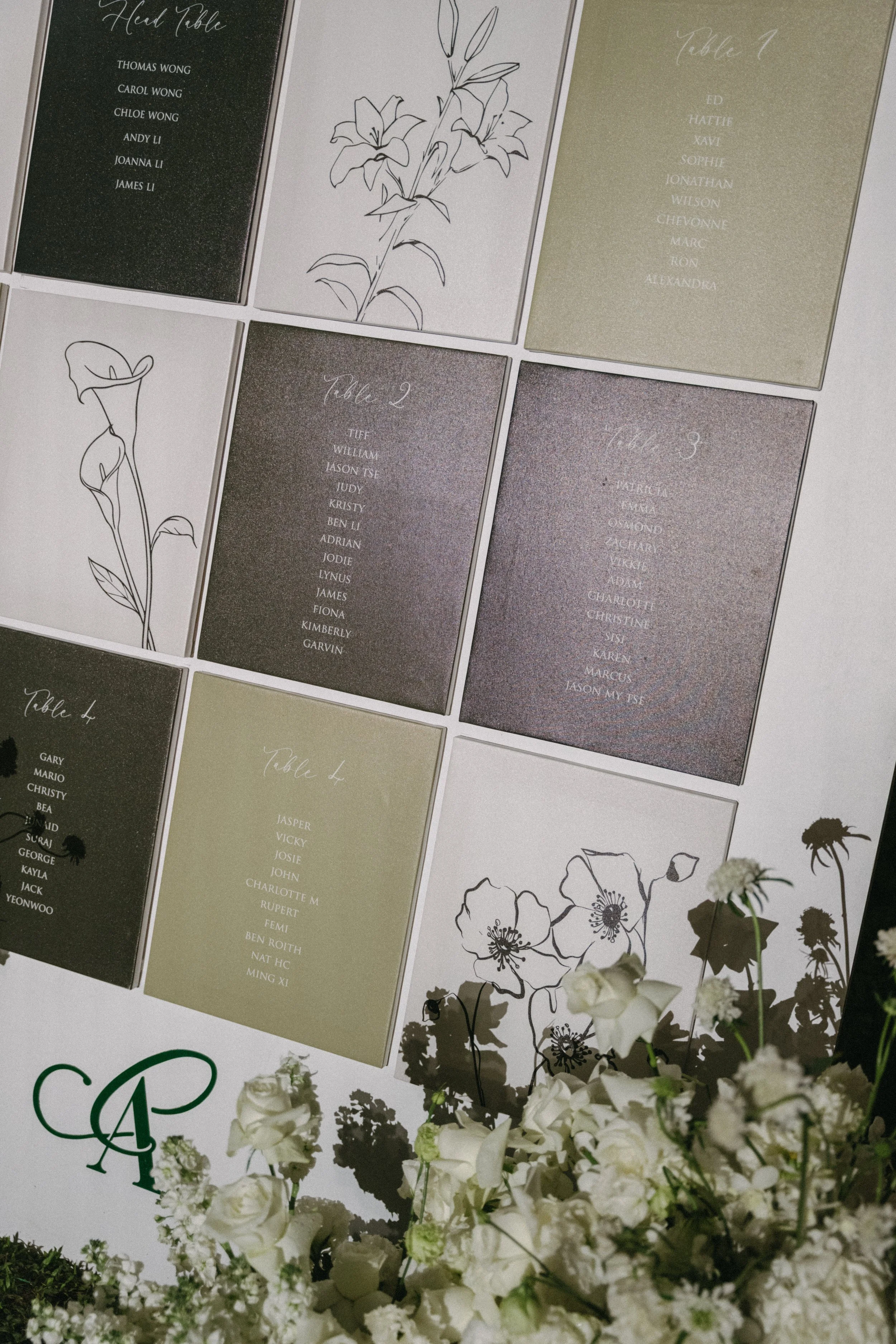 Guest seating chart with botanical line drawings, wedding reception stationery detail