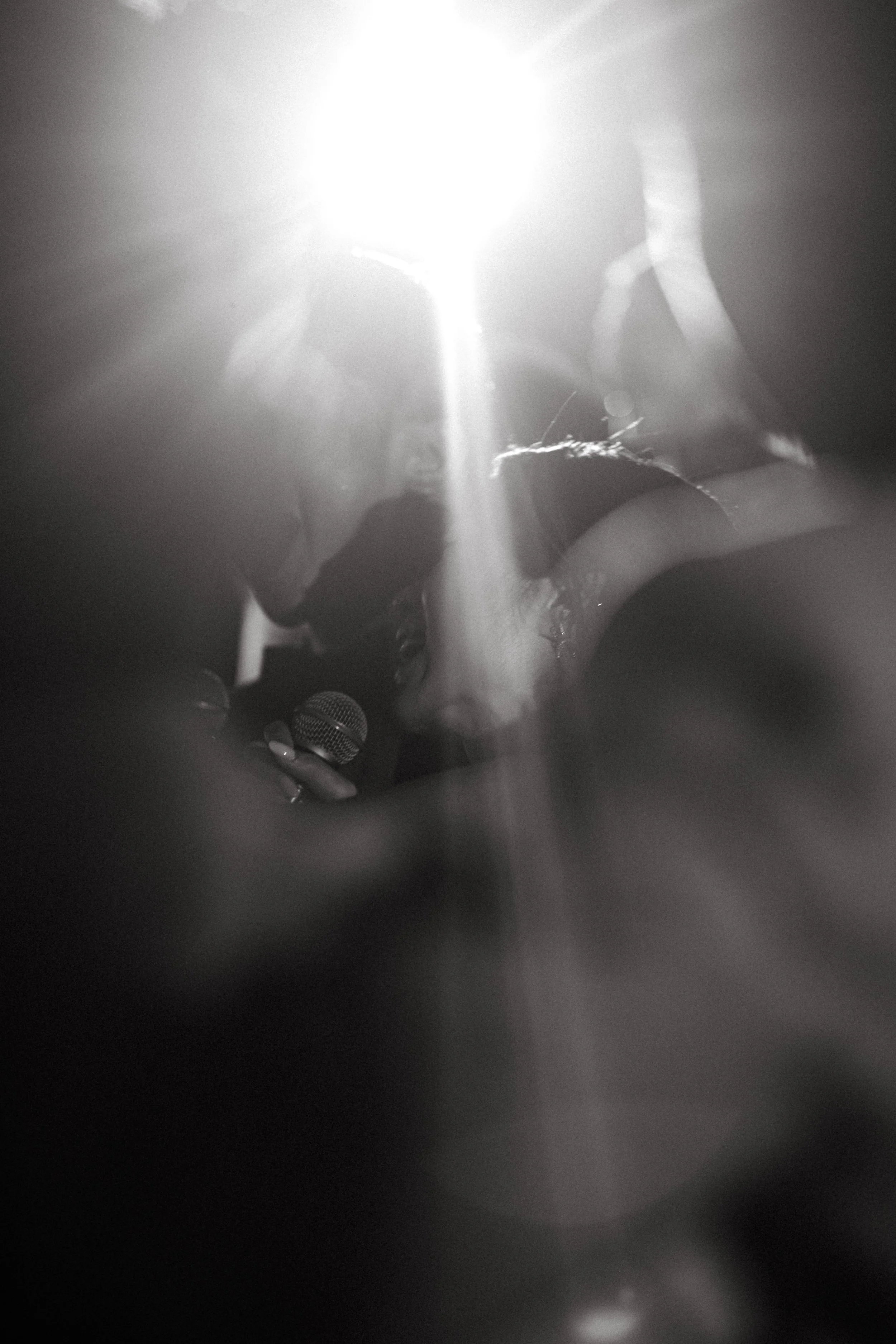 Black and white motion blur photo of guests under spotlight