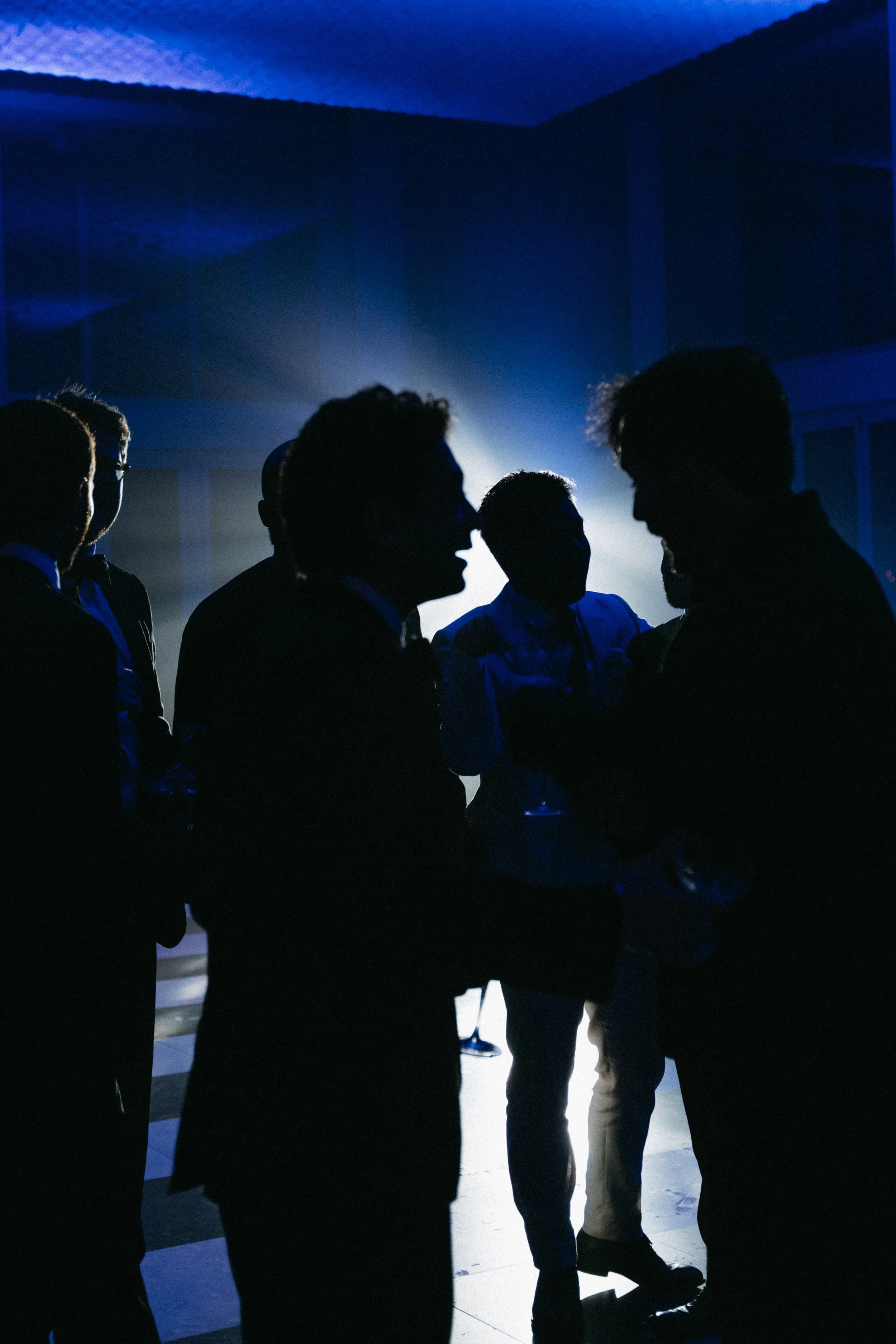 Silhouette of guests dancing together under dim party lighting