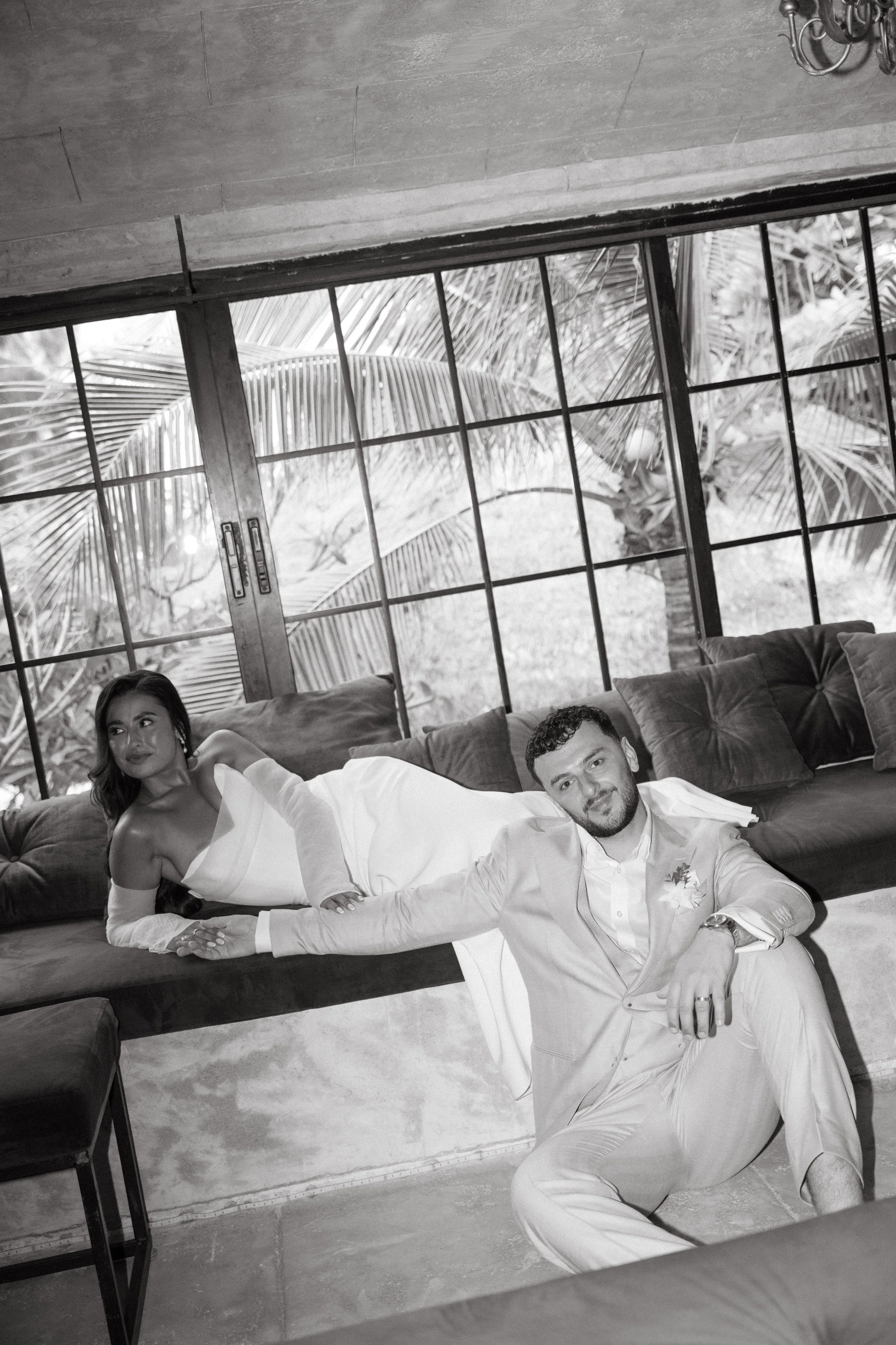 editorial black and white portrait of bride and groom at odyssey mansion in koh samui thailand