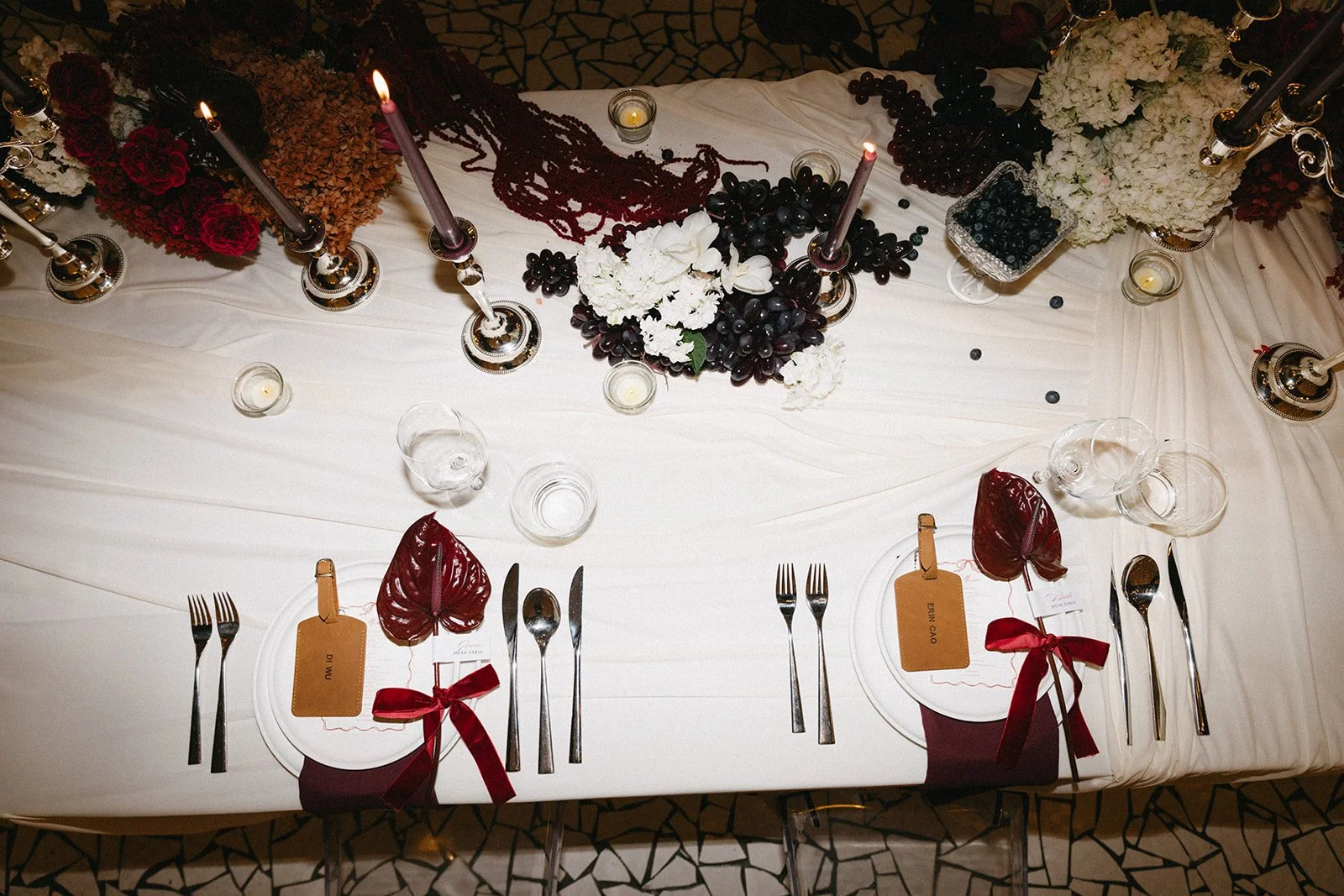 top down portrait of reception table styling at sri panwa destination wedding