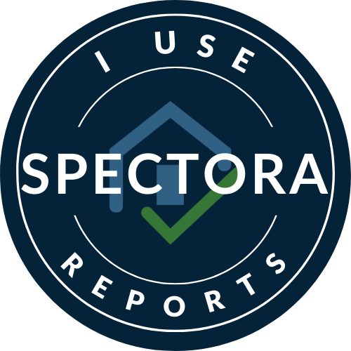 Circular badge with the words 'I USE SPECTORA REPORTS' and a checkmark in the center, with a design resembling an upward arrow on a dark background.