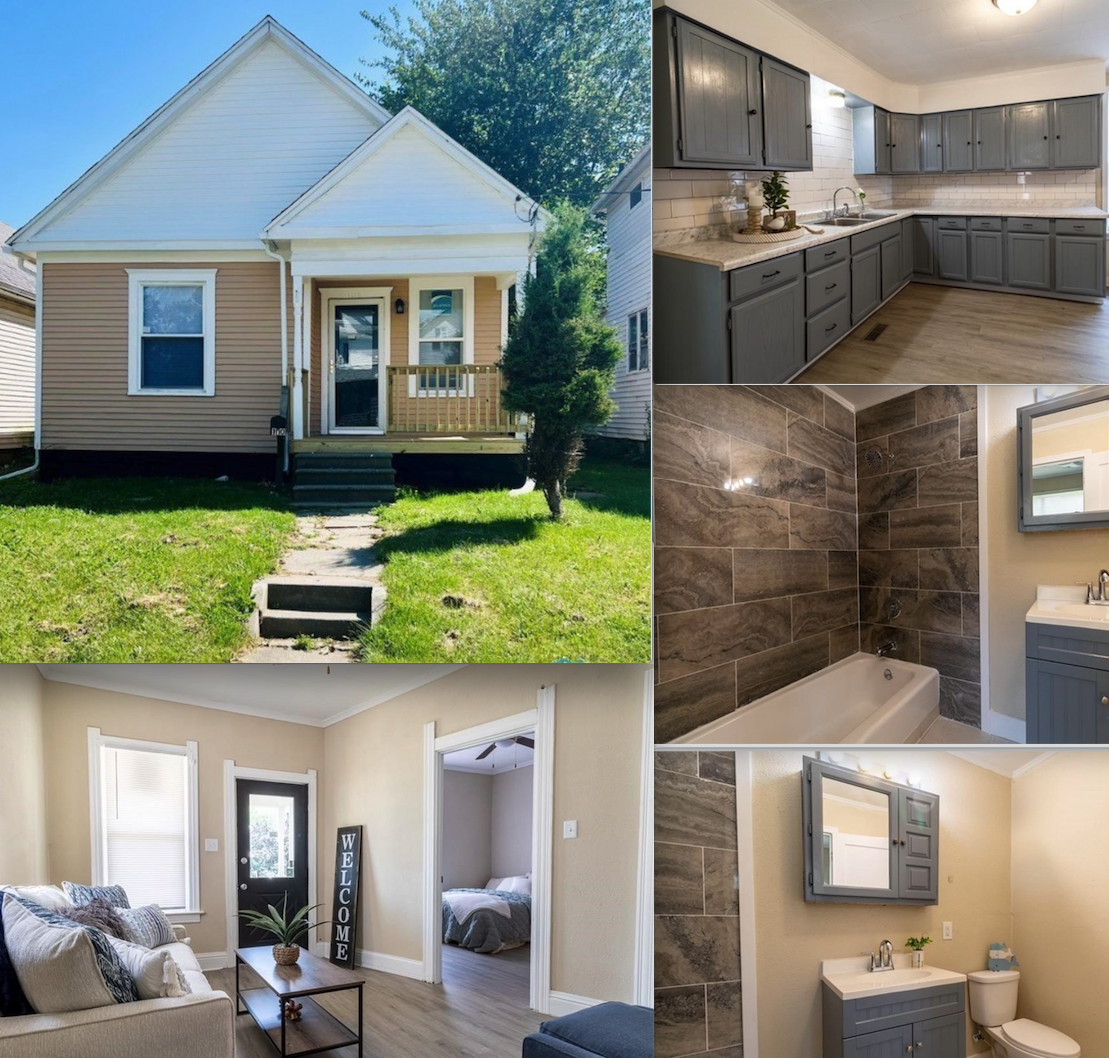 Collage of a house exterior, kitchen, bathroom, living room, and bedroom interiors.