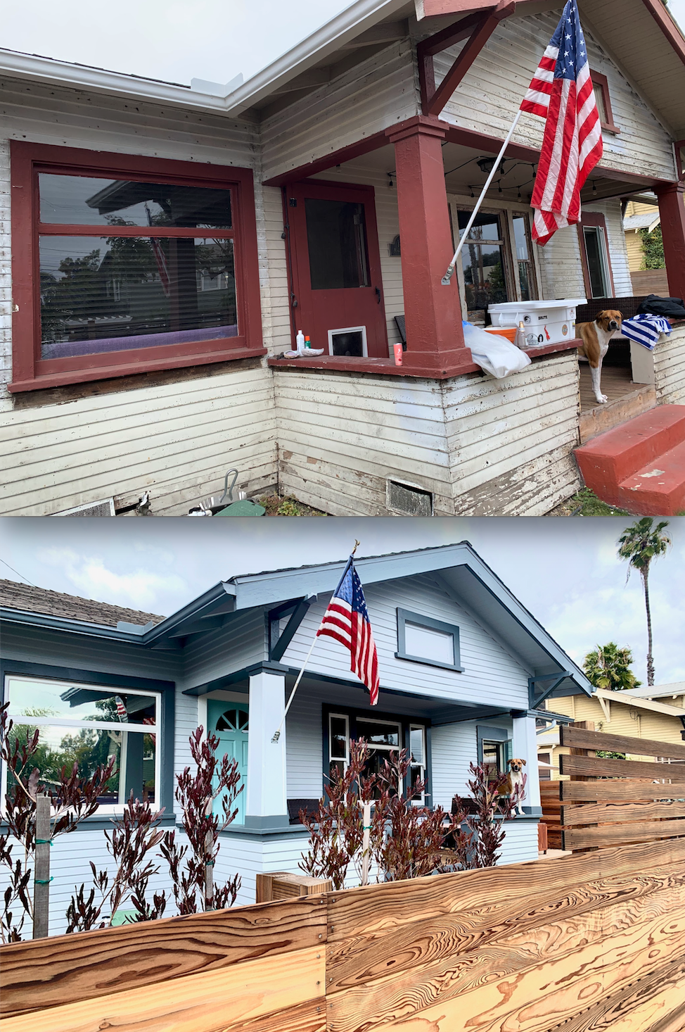 Before and after images of a house renovation showing the same house painted from beige with red accents to light blue with dark blue accents. The American flag remains on the porch in both images, and a dog is visible on the porch in the after photo.