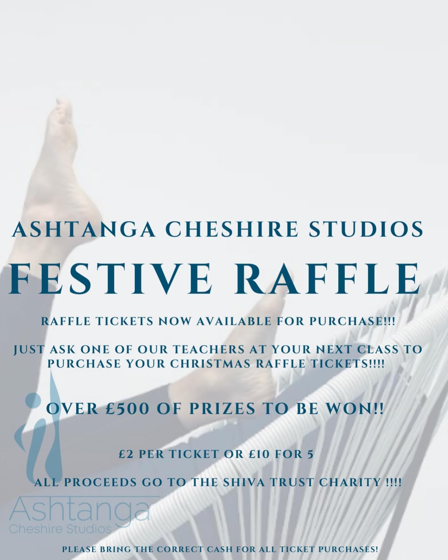 CHRISTMAS RAFFLE!!! 

We are selling CHRISTMAS RAFFLE TICKETS from December 1st - December 21st

&pound;2.00 per or 5 for &pound;10

10 WINNERS!

@ashtangacheshire_studios RAFFLE PRIZES&hellip; 

1. 2 free class passes
2. 3 hour workshop 
3. An @asht