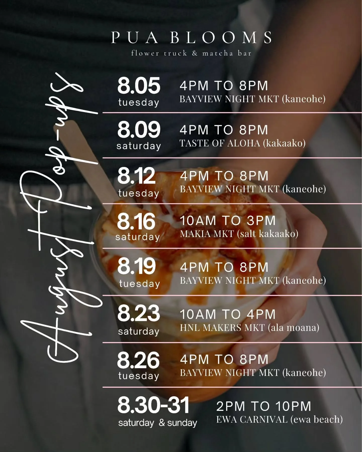 AUGUST SCHEDULE ♡ Swipe for new menu 》
*reposting to fix a typo!

We're bringing back a familiar AND a new flavor this month:

●BANANA LUMPIA 🍌🍵 banana caramel sauce, milk, matcha/hojicha/espresso, sweet cream, &amp; cinnamon wonton chips

●VANILLA