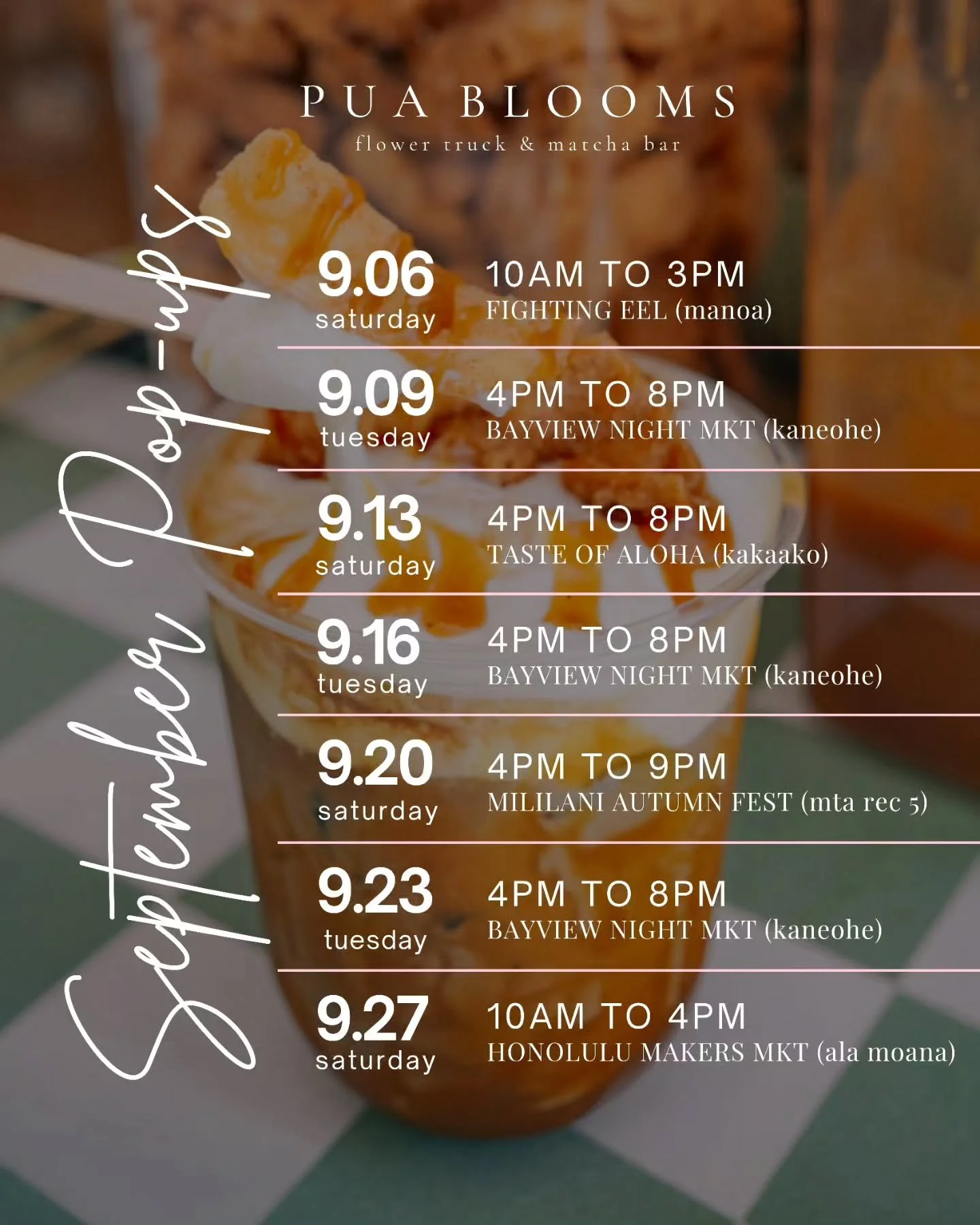 SEPTEMBER SCHEDULE ♡ Swipe for new menu 》

Banana Lumpia is back for another month! But we're also releasing a new flavor this month ✨️

●PISTACHIO BUTTER 💚 nutty pistachio butter white chocolate sauce, choice of milk, matcha/hojicha/espresso, &amp;