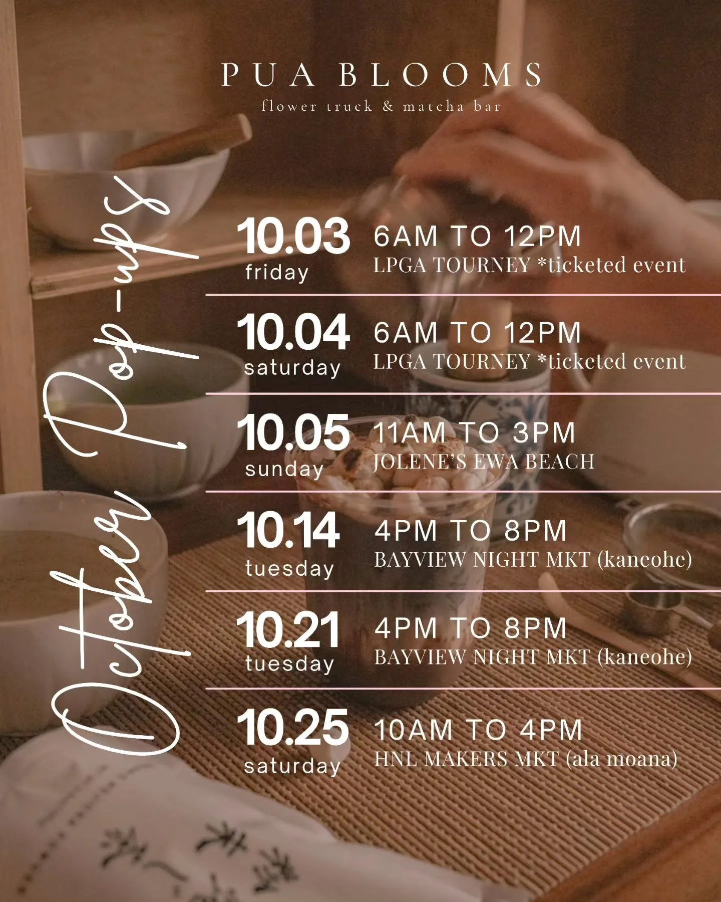 OCTOBER SCHEDULE 🍂

Fall flavors are here!
● PUMPKIN CRUNCH 🎃 Homemade pumpkin pie sauce, milk, choice of Matcha, Hojicha, or Espresso, topped with sweet cream and crunchy toffee bits.
● SMORES ICED COCOA 🔥 Homemade toasted marshmallow chocolate s