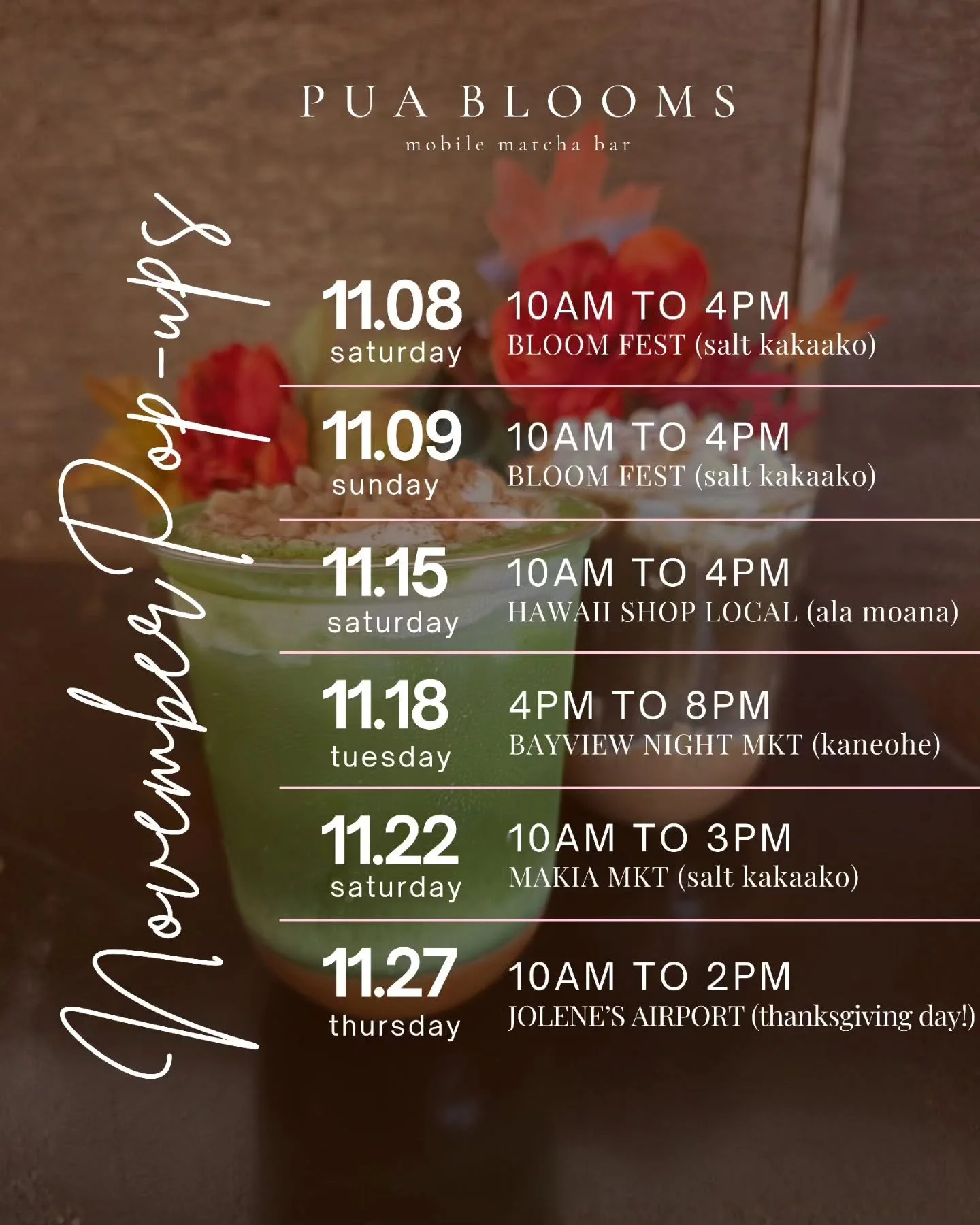 NOVEMBER SCHEDULE 🤎

Fall flavors continue 🍂
● KULOLO 💜 Homemade taro &amp; coconut sauce, milk, choice of Matcha, Hojicha, or Espresso, topped with sweet cream.
● PUMPKIN CRUNCH 🎃 Homemade pumpkin pie sauce, milk, choice of Matcha, Hojicha, or E