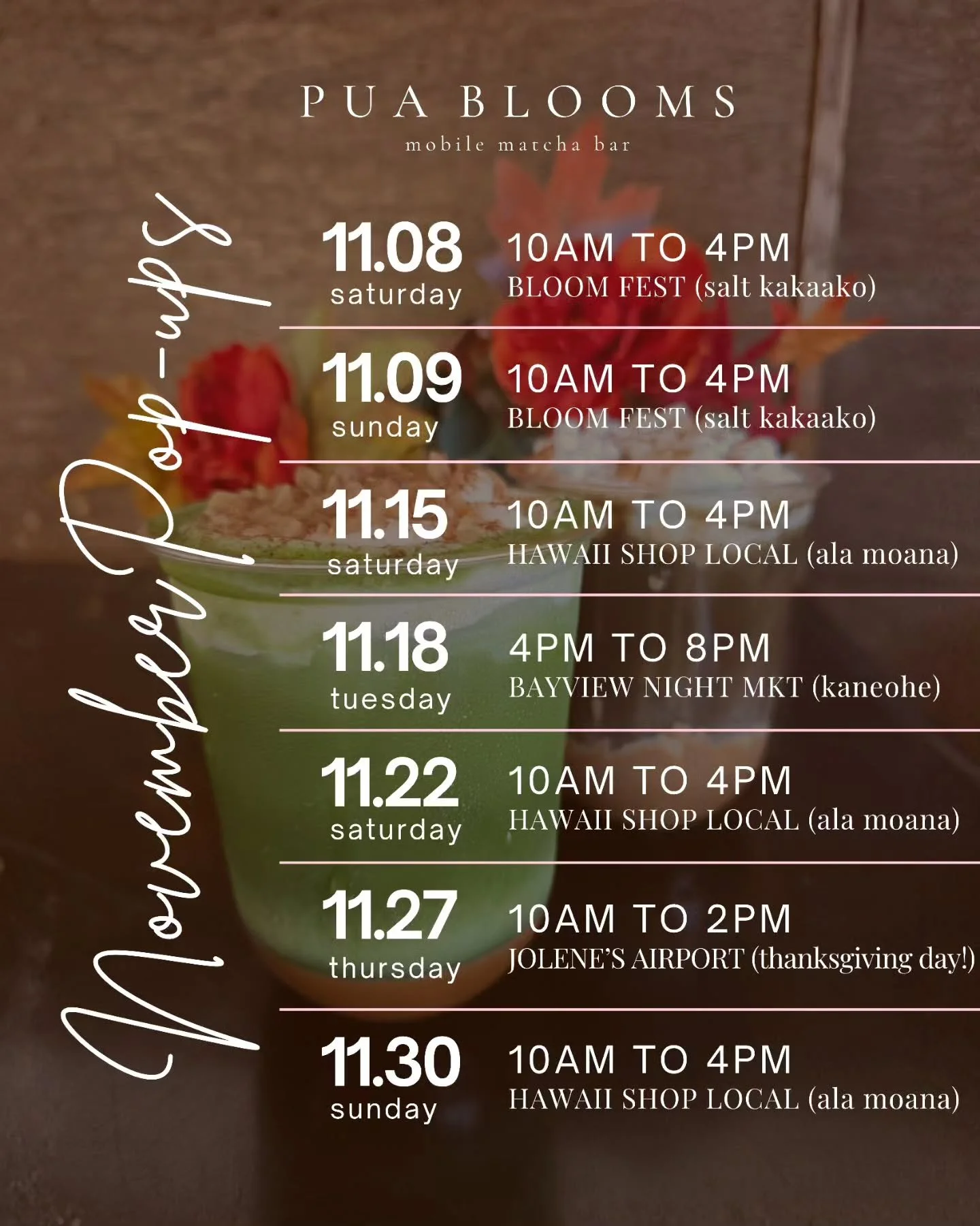 UPDATED** NOVEMBER SCHEDULE 🤎
(Change of location for 11/22 &amp; additional pop-up on 11/30 + Additional flavor!)

Fall flavors continue 🍂
● KULOLO 💜 Homemade taro &amp; coconut sauce, milk, choice of Matcha, Hojicha, or Espresso, topped with swe