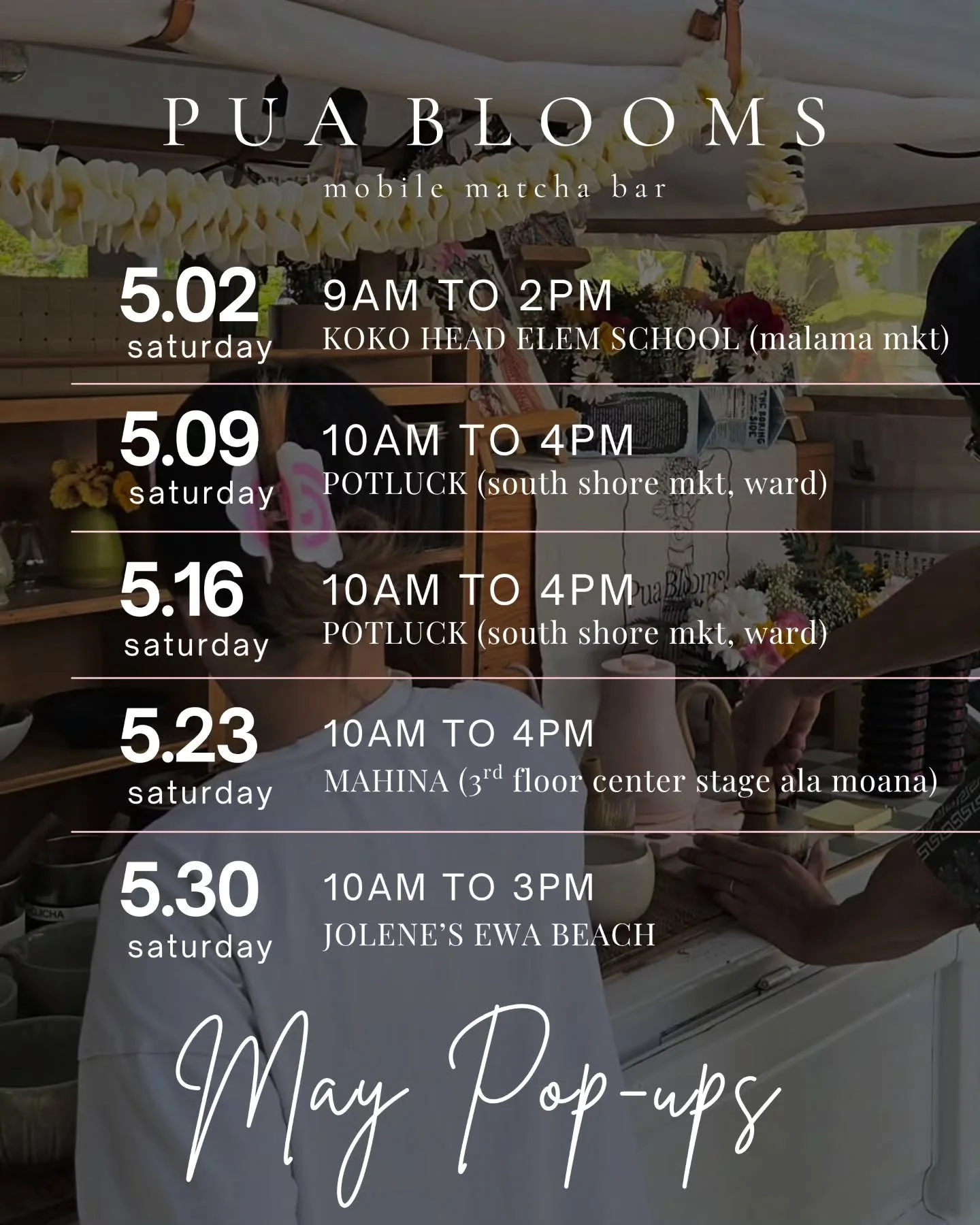 MAY SCHEDULE ✨️
Swipe ➡️ to see our May menu! As always, all sauces are made in house.

Seasonal flavors:
KULOLO CRUNCH 💜 poi (taro) &amp; coconut caramel sauce (dairy free!), milk, choice of Matcha⭐️, Hojicha, or Espresso, topped with sweet cream a