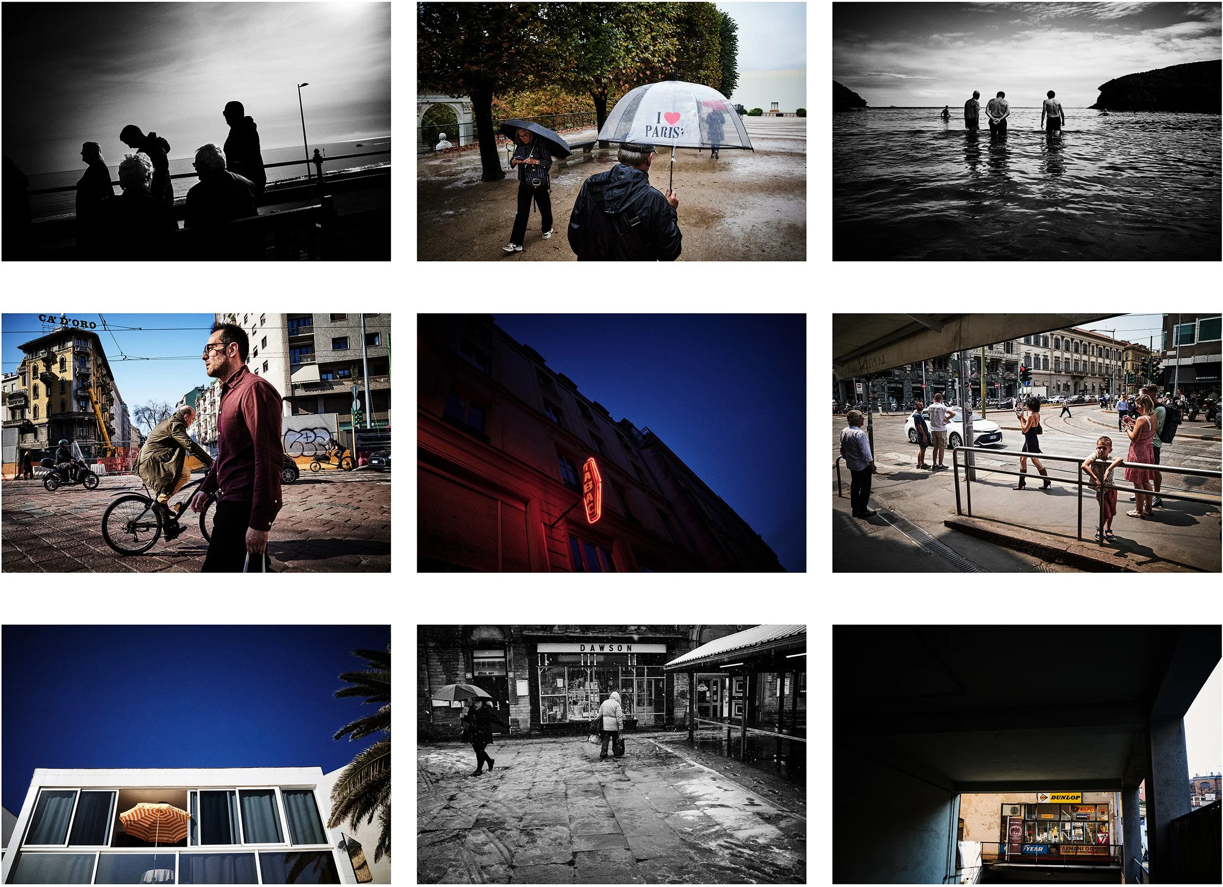 A collage of nine photographs depicting various urban and natural scenes, including people walking and spending time outdoors, city streets, buildings, and different times of day from daytime to night.