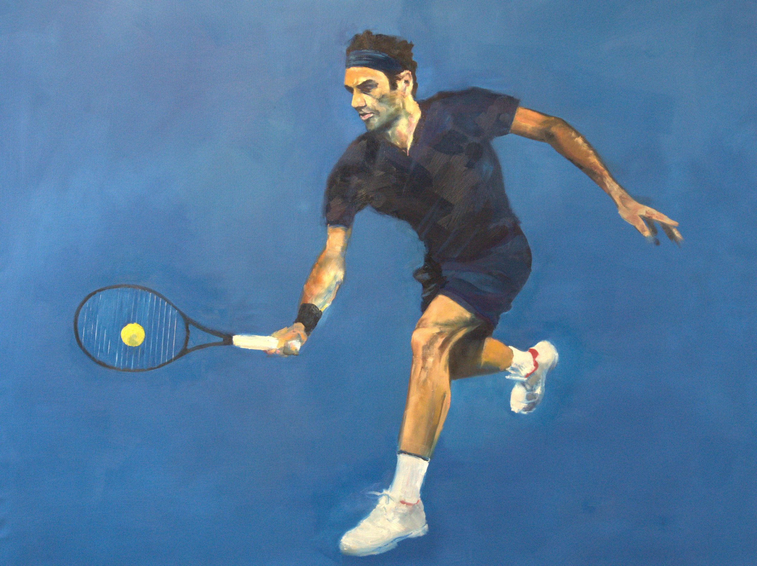 Painting of a male tennis player with dark hair, wearing a dark shirt, shorts, and white tennis shoes, in a dynamic pose hitting a tennis ball with a blue racket against a blue background.