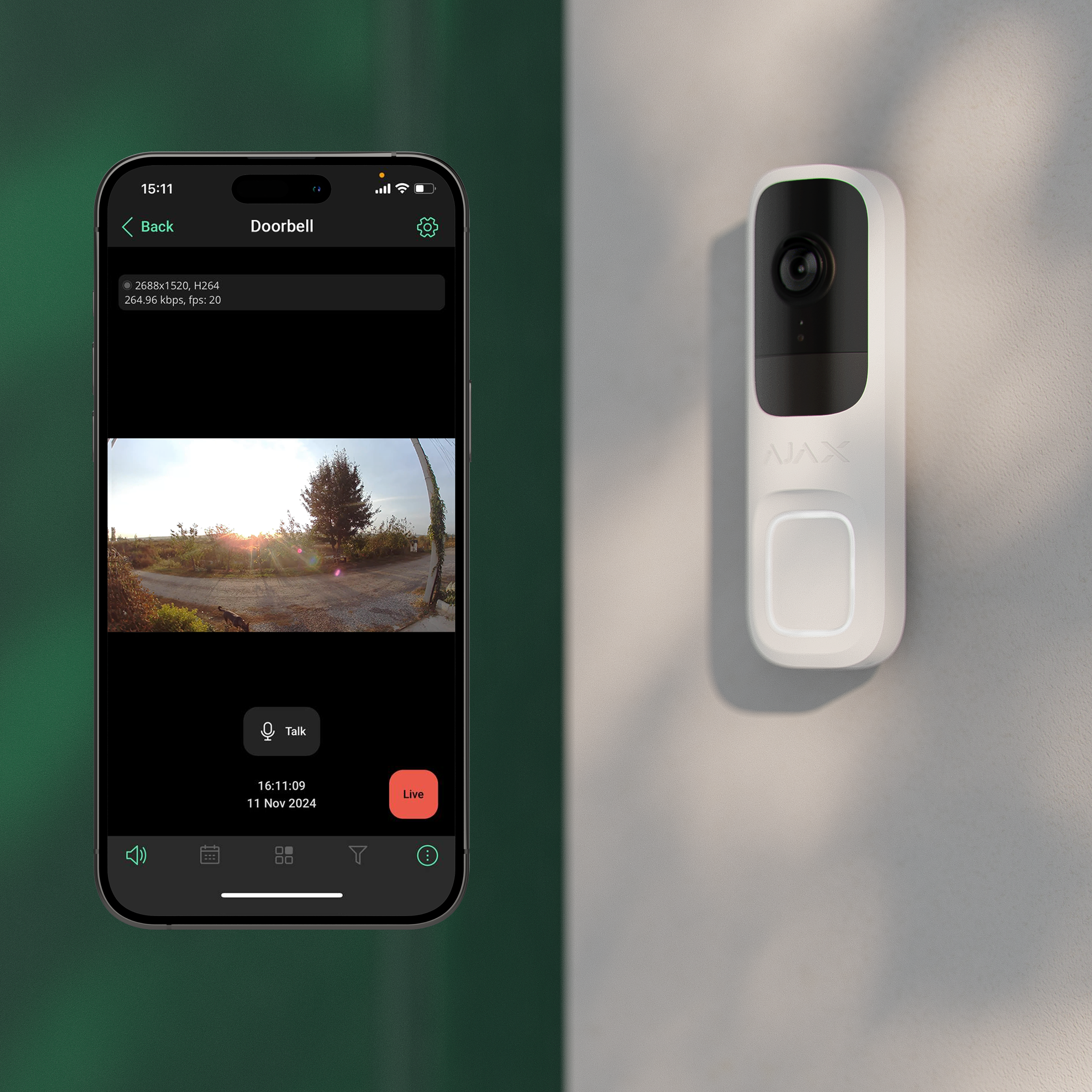 Smart home security camera mounted on wall next to smartphone displaying live video feed of outdoor scene at sunset. The smartphone screen shows a 'Doorbell' section with a live feed of a tree and sky, and buttons for talk and live view.