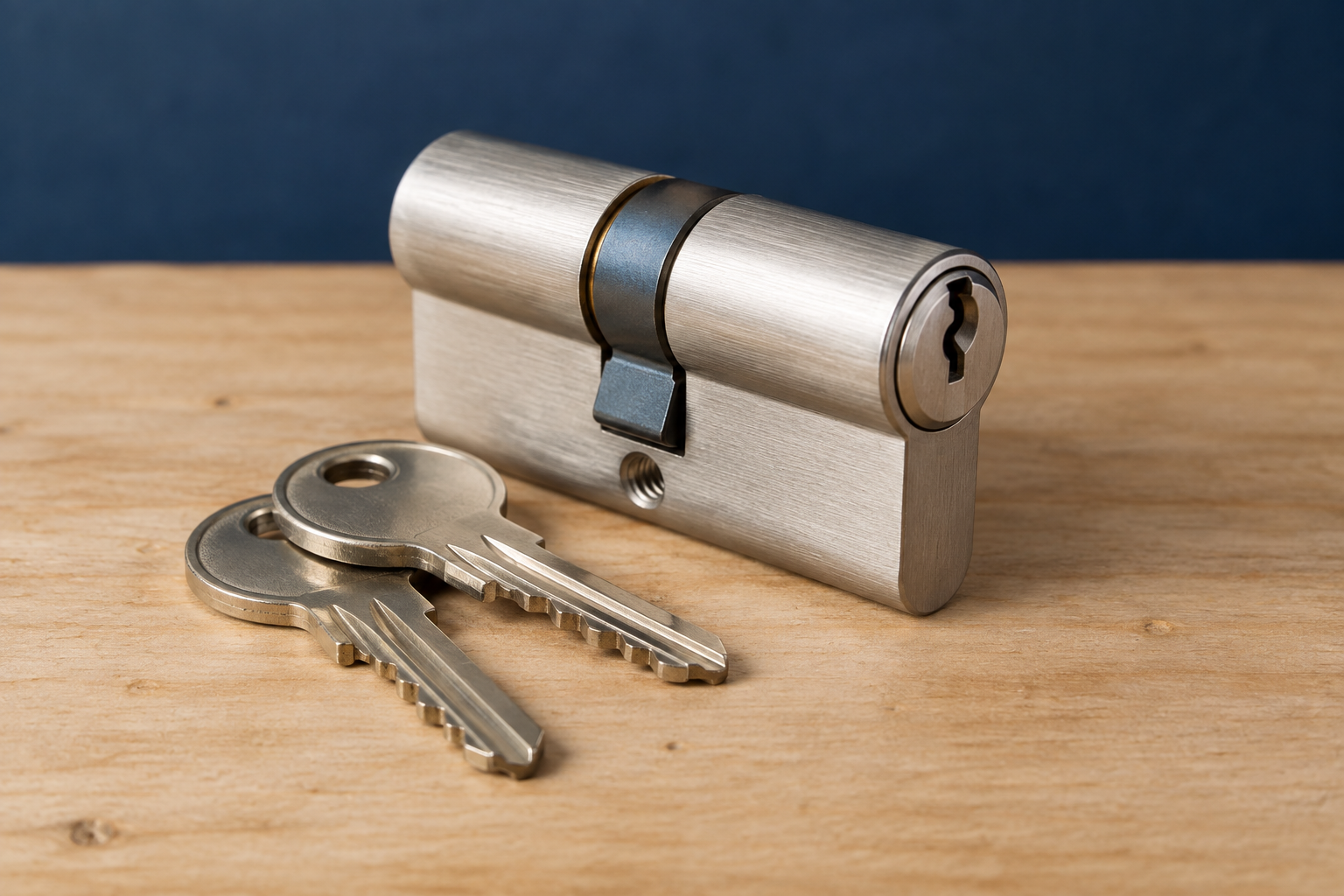Illustrative photograph of a door lock cylinder and house keys
