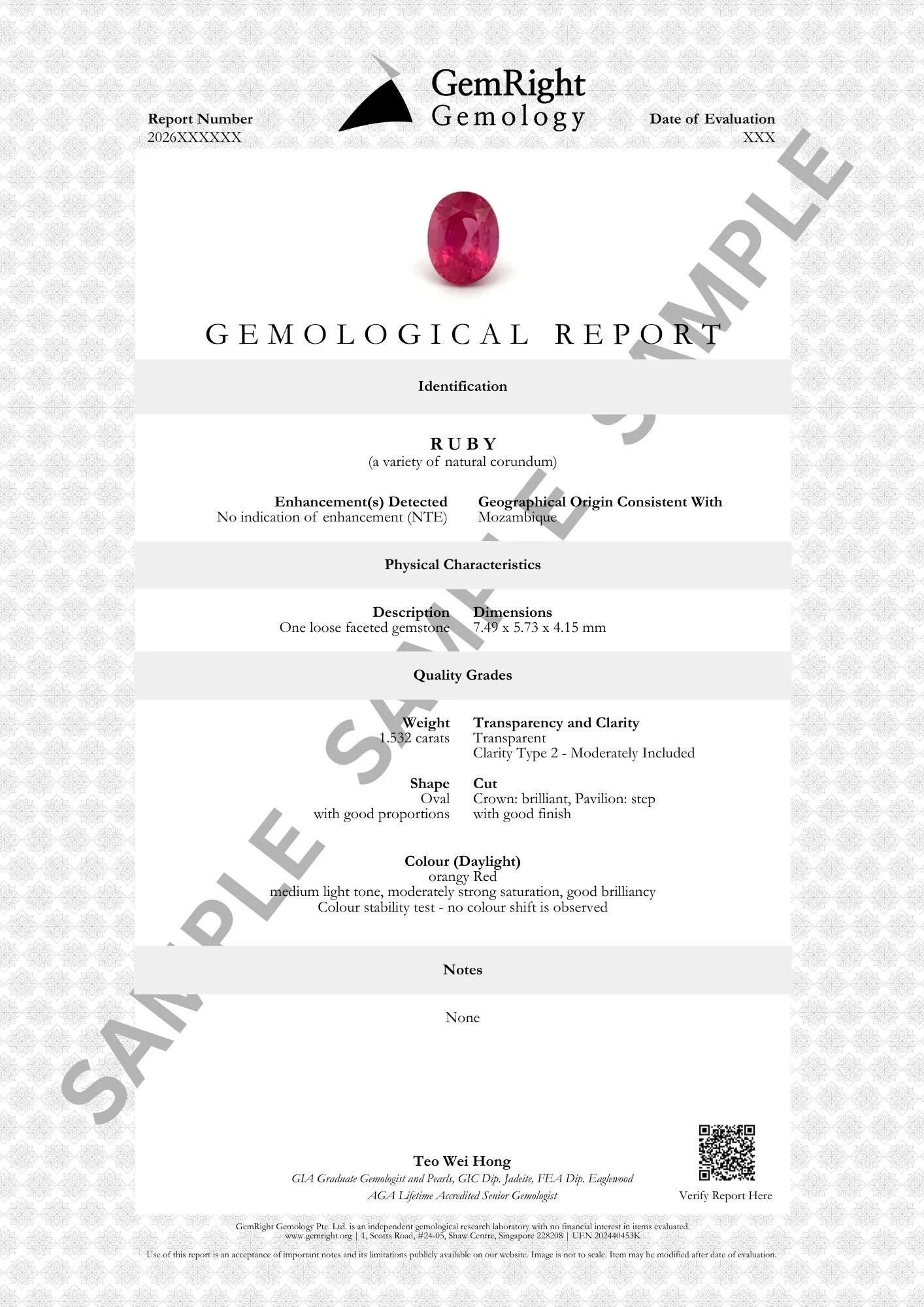 GemRight Gemology’s sample standard gemological report for coloured gemstones.