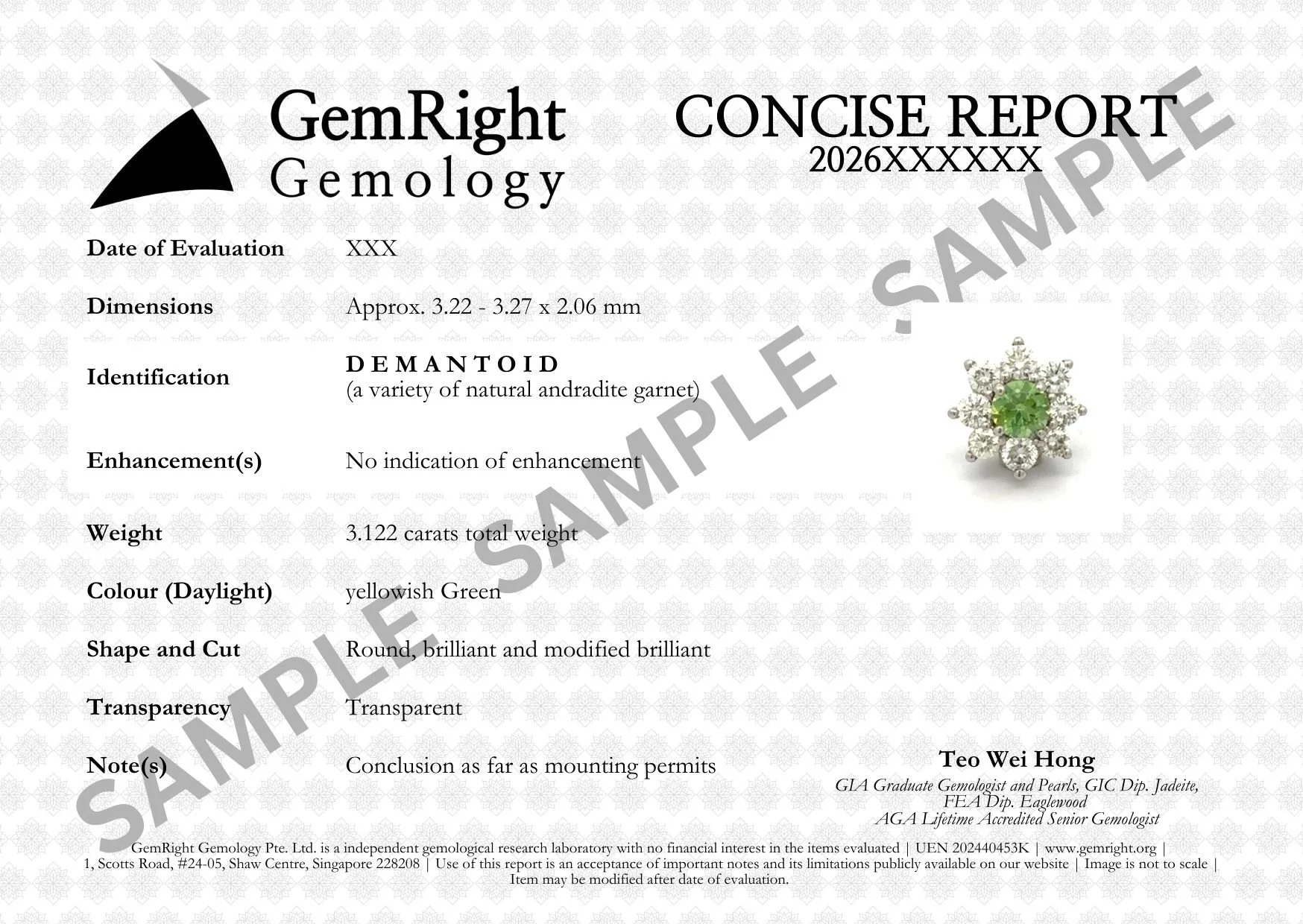 GemRight Gemology’s sample concise gemological report for coloured gemstones