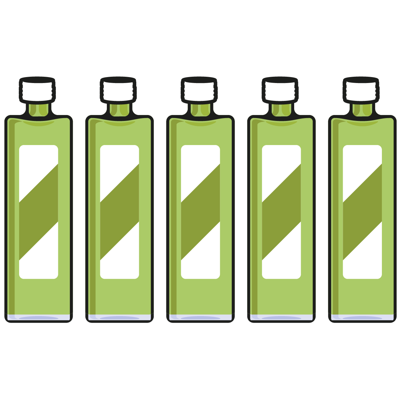 Illustration of five green bottles with white caps and labels.