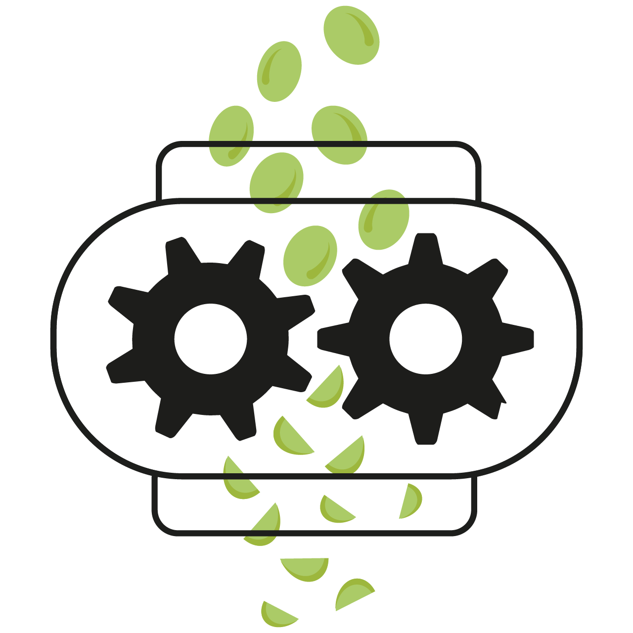 Illustration of two gears processing green coffee beans.