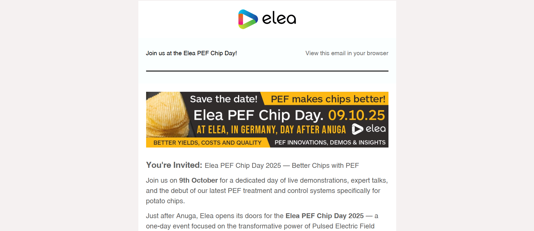Email invitation for Elea PEF Chip Day 2025 featuring a chip and event details with dates and location in Germany.