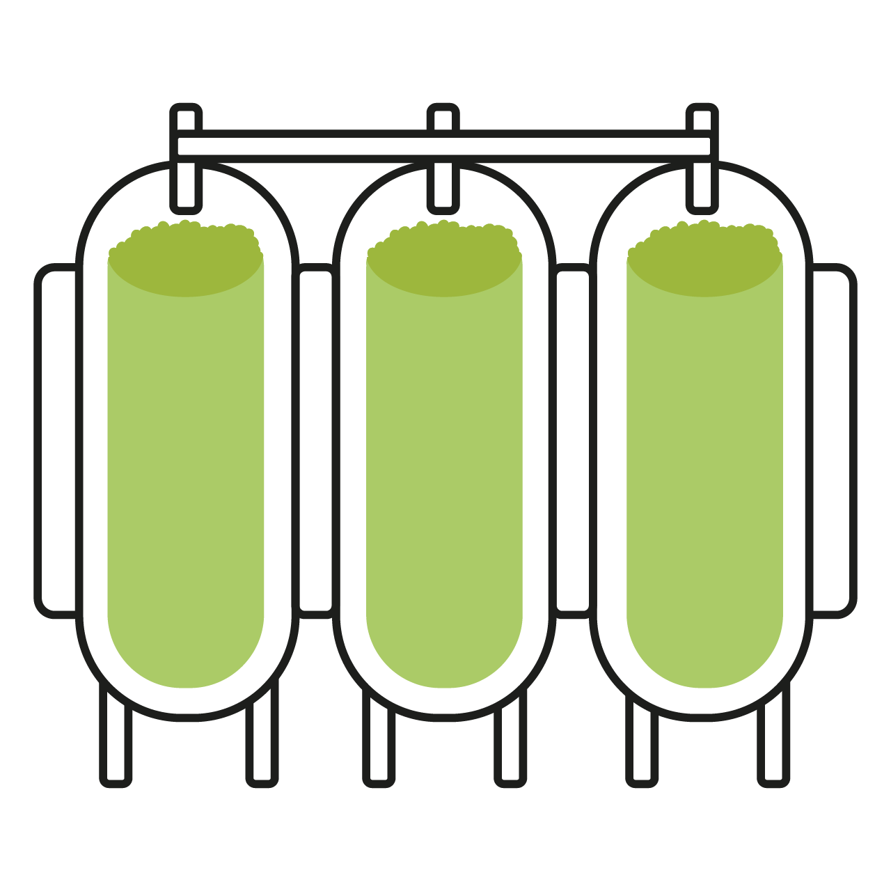 Illustration of three green liquid tanks connected in series