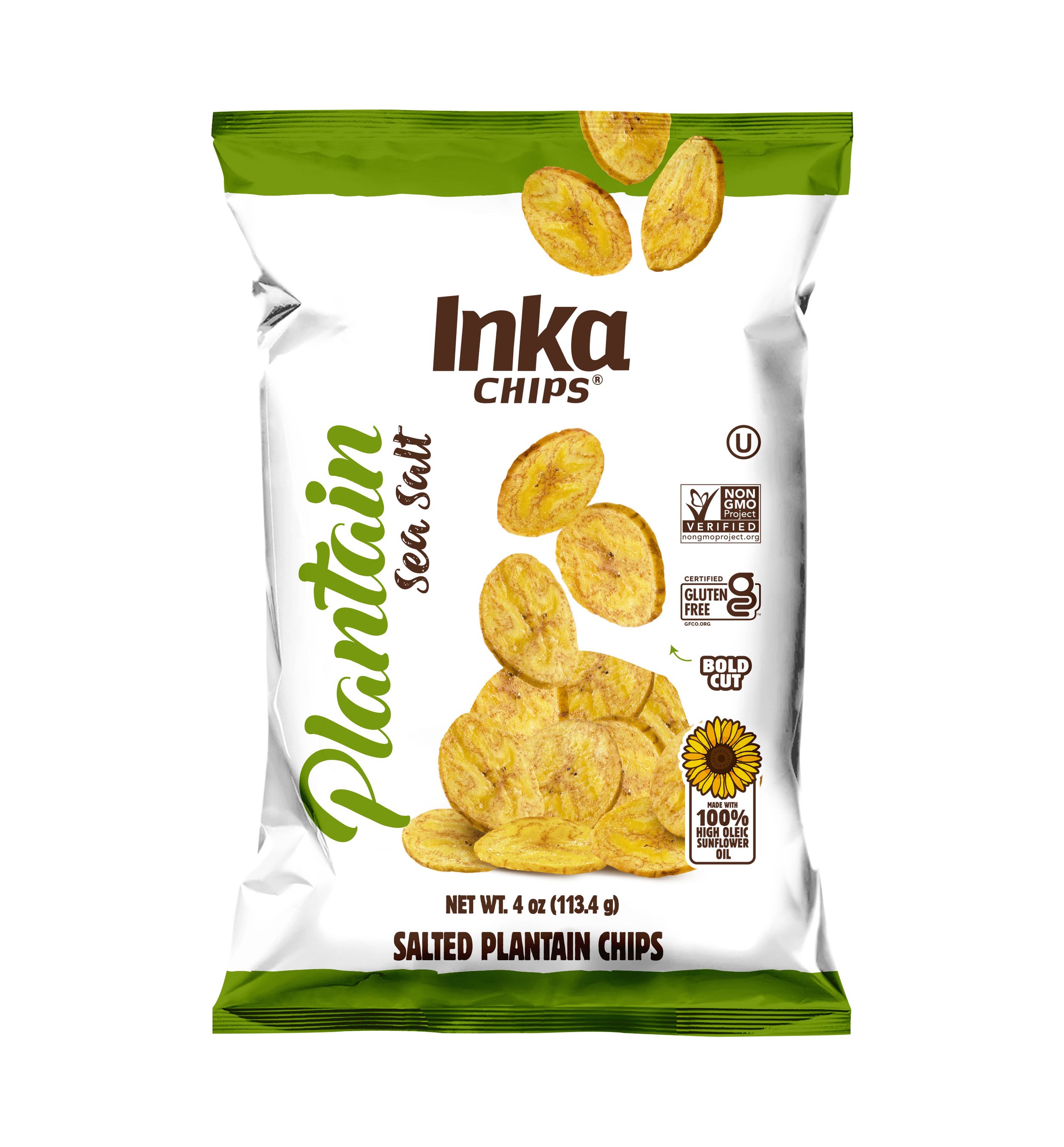 Bag of Inka Chips Sea Salt flavored salted plantain chips, 4 ounces, featuring a picture of plantain chips and sunflower oil icon, with various certification logos.