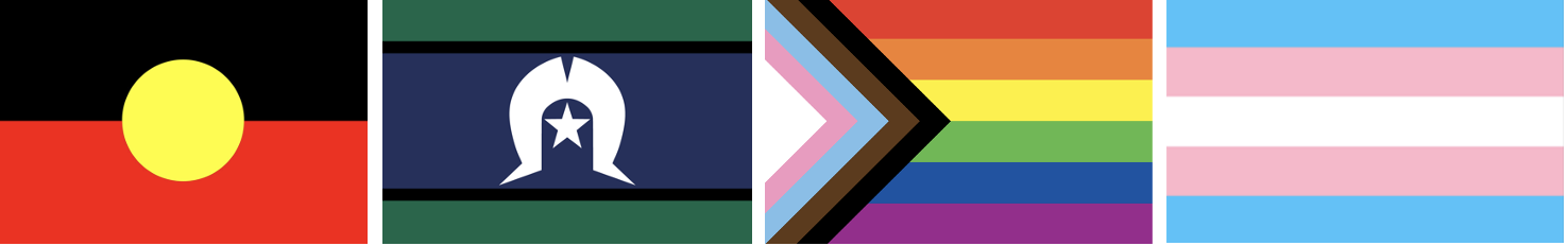 Aboriginal, Torres Strait Islander, Progress Pride and Transgender Pride flags