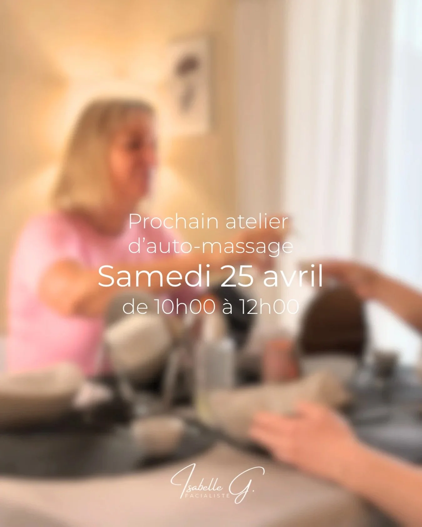 ATELIER D&rsquo;AUTO-MASSAGE💆🏼&zwj;♀️
Et si vous appreniez &agrave; r&eacute;v&eacute;ler l&rsquo;&eacute;clat naturel de votre visage ?

Inscriptions par mp, sms ou appel. 
📞 06.63.80.43.56 
📍 1101, Avenue des Pins, 13340 Rognac

Isabelle, votre
