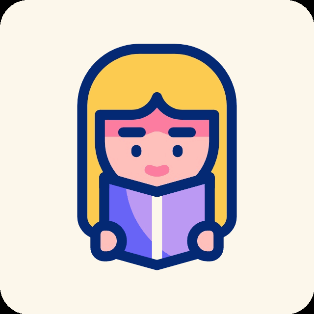 Cute cartoon girl with long blonde hair reading a purple book