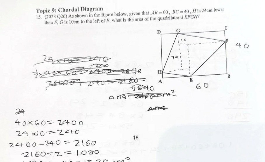 A geometric exercise involving a quadrilateral named EFGH inside a rectangle ABCD. The diagram includes measurements and labels for the vertices, angles, and side lengths, with some calculations related to the area of the quadrilateral.