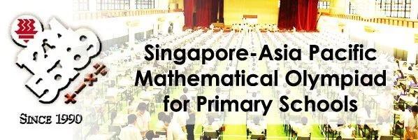 Banner for Singapore-Asia Pacific Mathematical Olympiad for Primary Schools with a background of students and a stage.