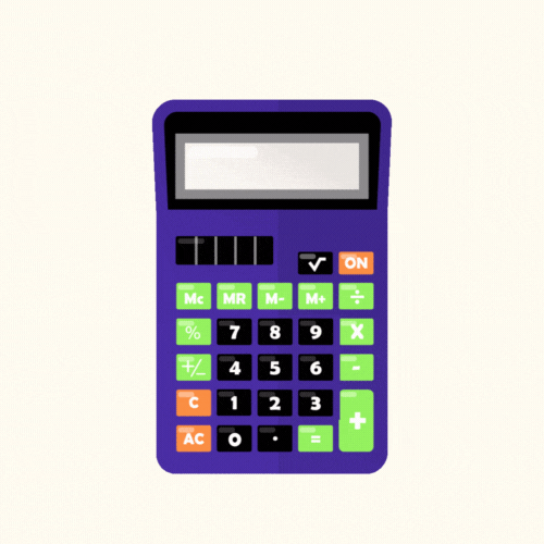 Illustration of a purple calculator with green and black buttons, an orange 'C' button, and a small digital display screen.