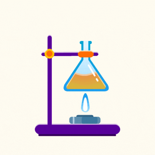Illustration of laboratory equipment with a flask heating over a flame, connected to a stand.