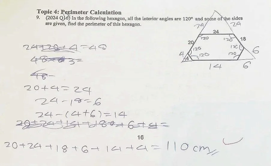 Handwritten notes and calculations on a sheet of paper related to perimeter calculation, featuring a diagram of a triangle with labeled side lengths and angles, along with handwritten arithmetic and formulas.