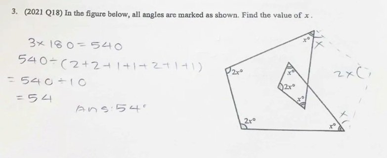 Handwritten solution to a geometry problem involving angles and an unknown x, with a diagram of intersecting lines and marked angles.