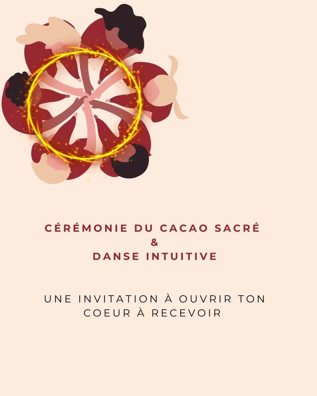 Invitation à une cérémonie du cacao sacré et danse intuitive, avec illustration d'une rondelle de fruit de cacao