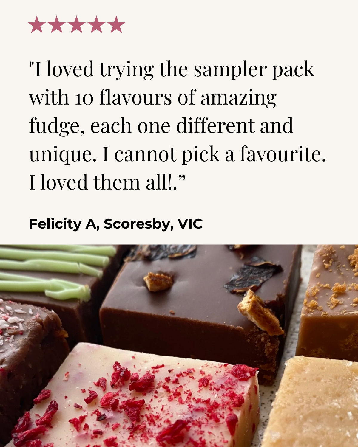 Close-up of assorted fudge squares with various toppings and flavors, including green, white, dark, and milk chocolate varieties.