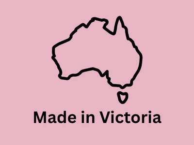 Pink background with an outline of Australia and the text 'Made in Victoria' beneath it.