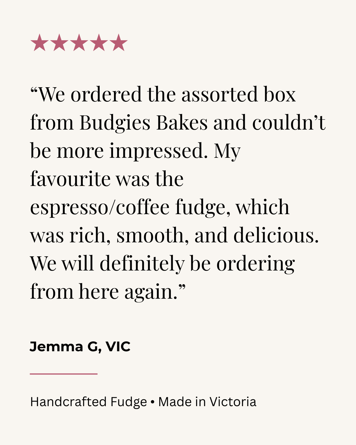Customer review with five stars, praising Budgies Bakes assorted box, especially espresso/coffee fudge, and a note stating handcrafted fudge made in Victoria, Victoria, Australia.