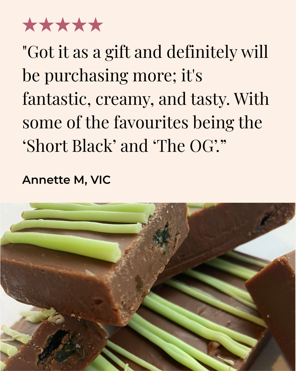 Close-up of chocolate fudge pieces decorated with green icing drizzle and topped with green almond slices.