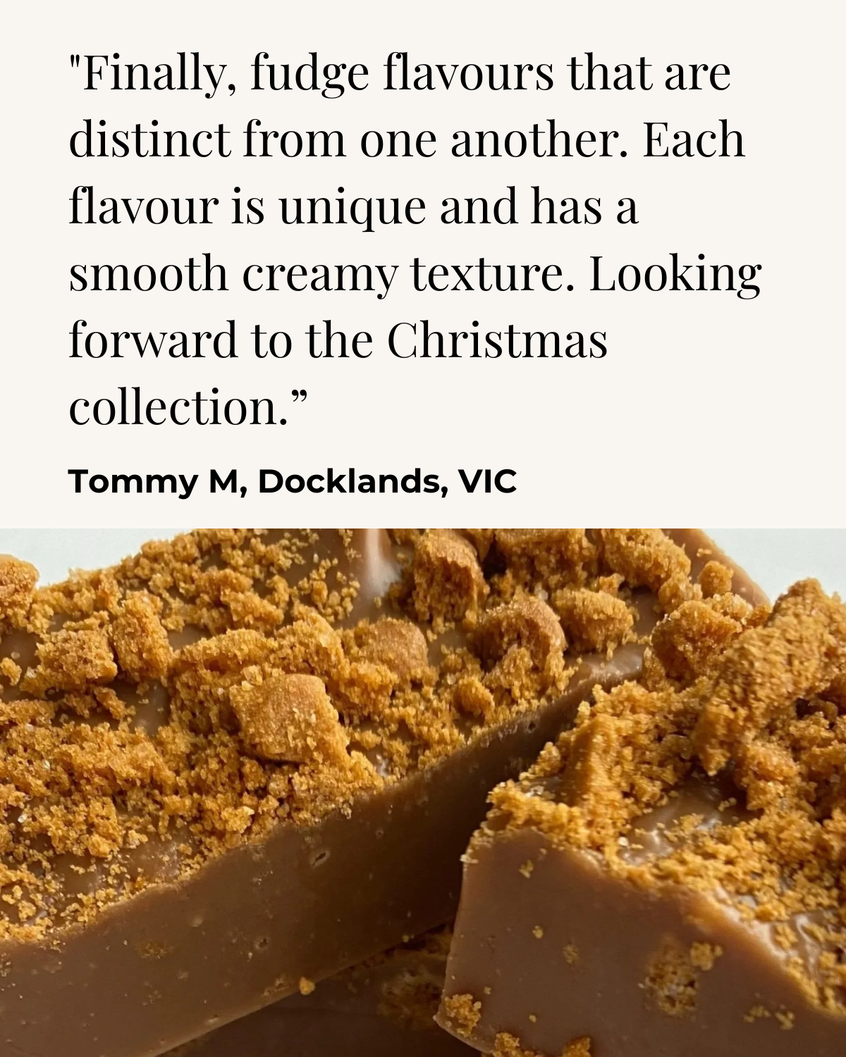 Close-up of caramel fudge topped with crushed cookies or biscuit crumbs.
