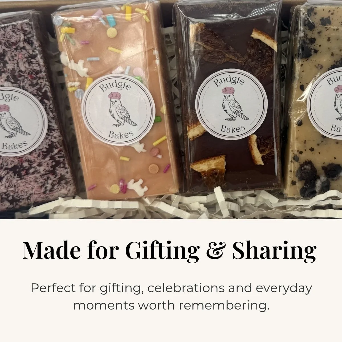 Selection of individually wrapped Budgie Bakes fudge bars in assorted flavours.
